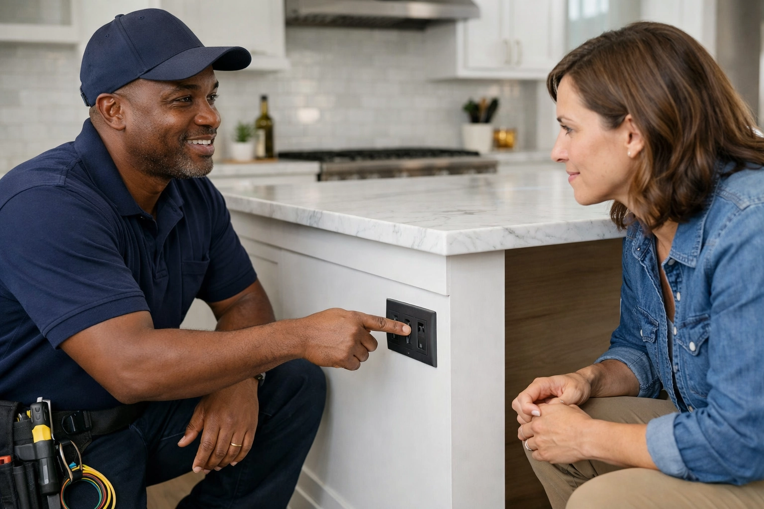 An African American electrician points out a side-mounted kitchen island outlet while explaining 2026 Georgia code updates to a homeowner.
