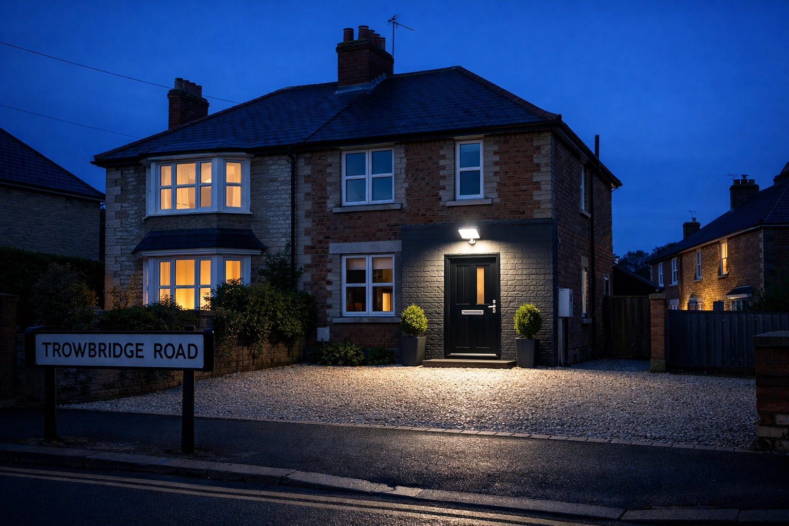 Motion-sensor security lighting illuminating the entrance of a Trowbridge home at dusk for crime deterrence.