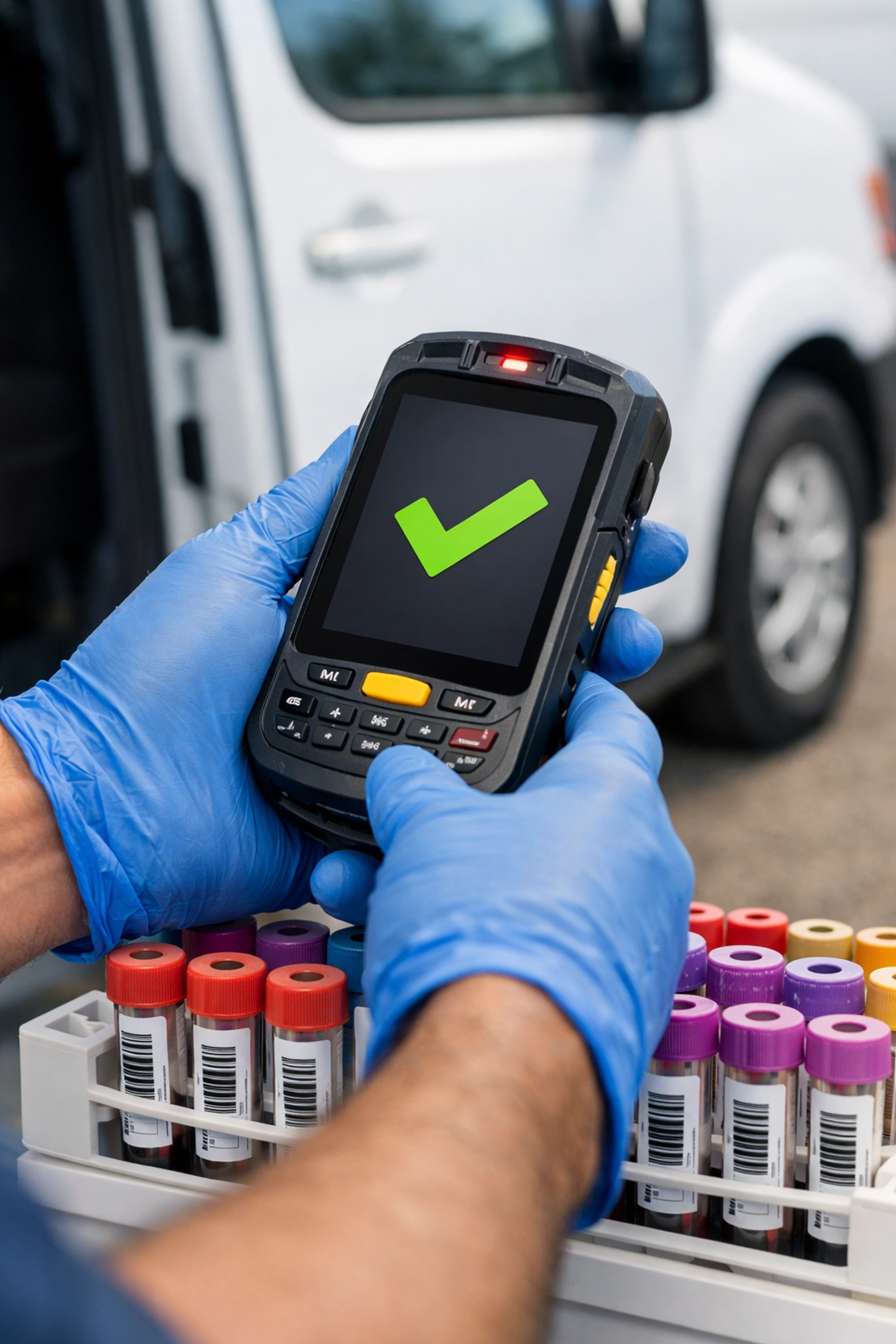 Lab courier scanning medical specimen barcodes with mobile tracking device