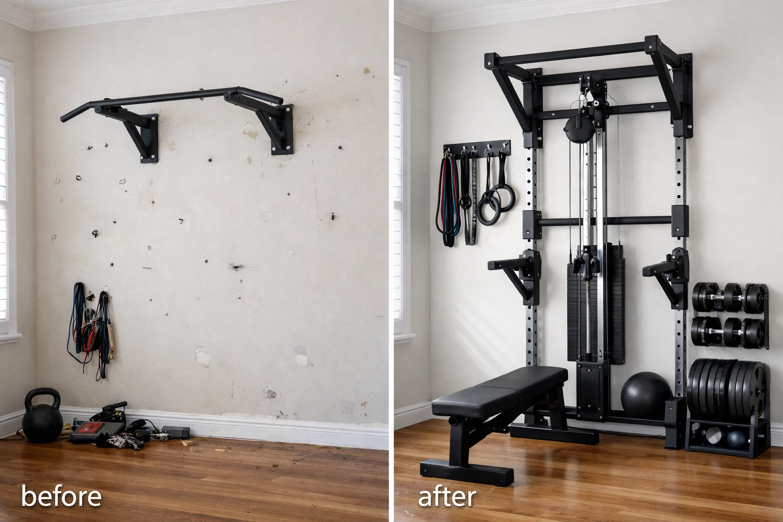 Comparison of wall-mounted pull-up bar damage versus clean floor-to-ceiling system installation
