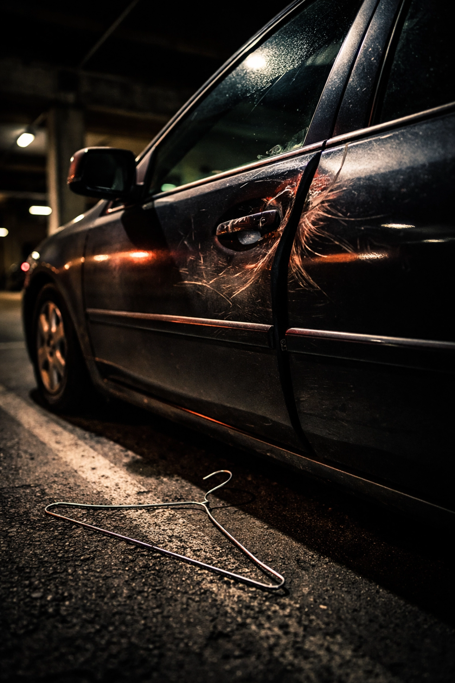 Car door damage caused by failed DIY lockout attempt with a coat hanger