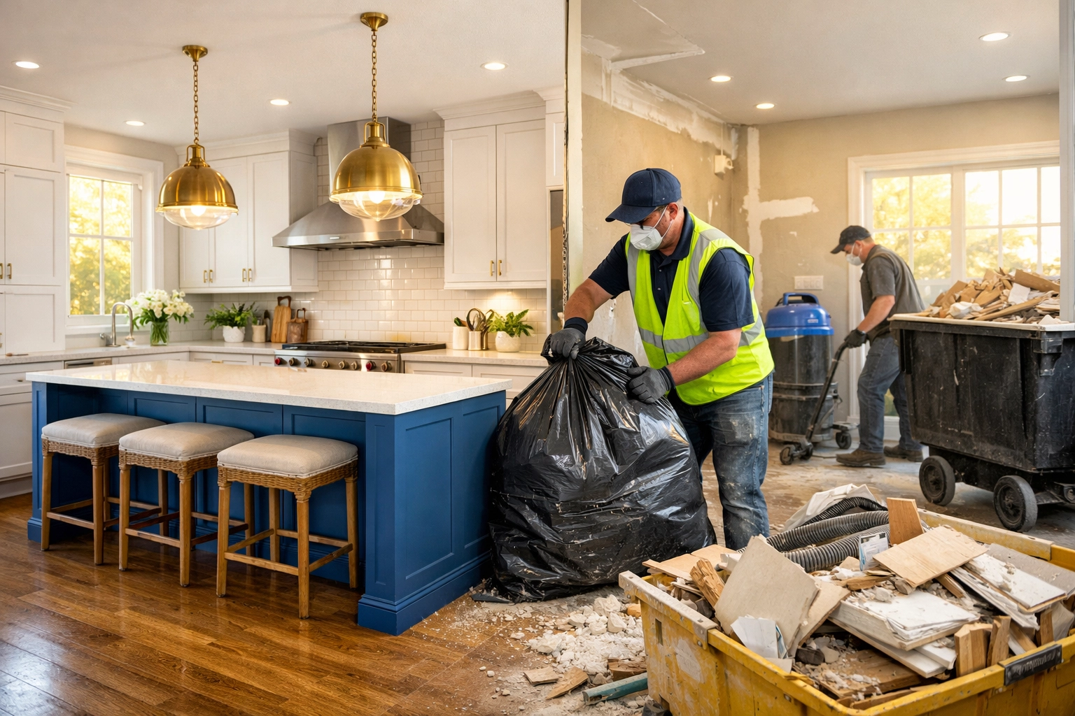 Professional post construction cleaning in a luxury Carlisle kitchen showing debris removal.