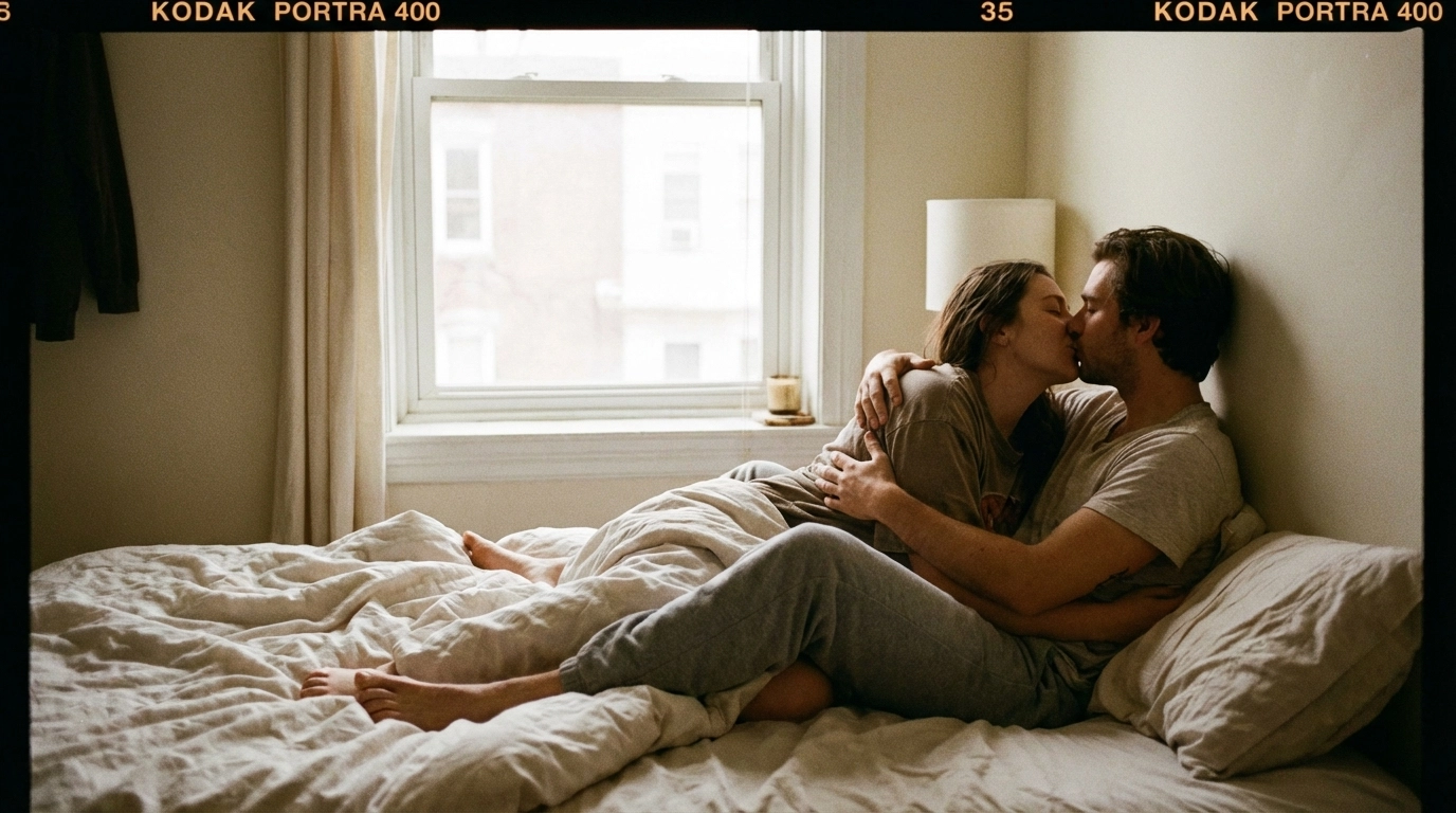 Couple walking at dusk holding hands, flirting, spontaneous date energy, gritty romantic city street