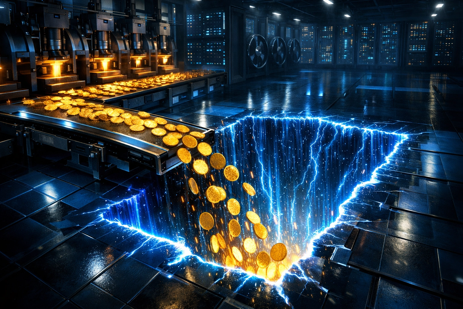 Digital factory minting coins that fall into a data center rift, representing the AI capital drain.
