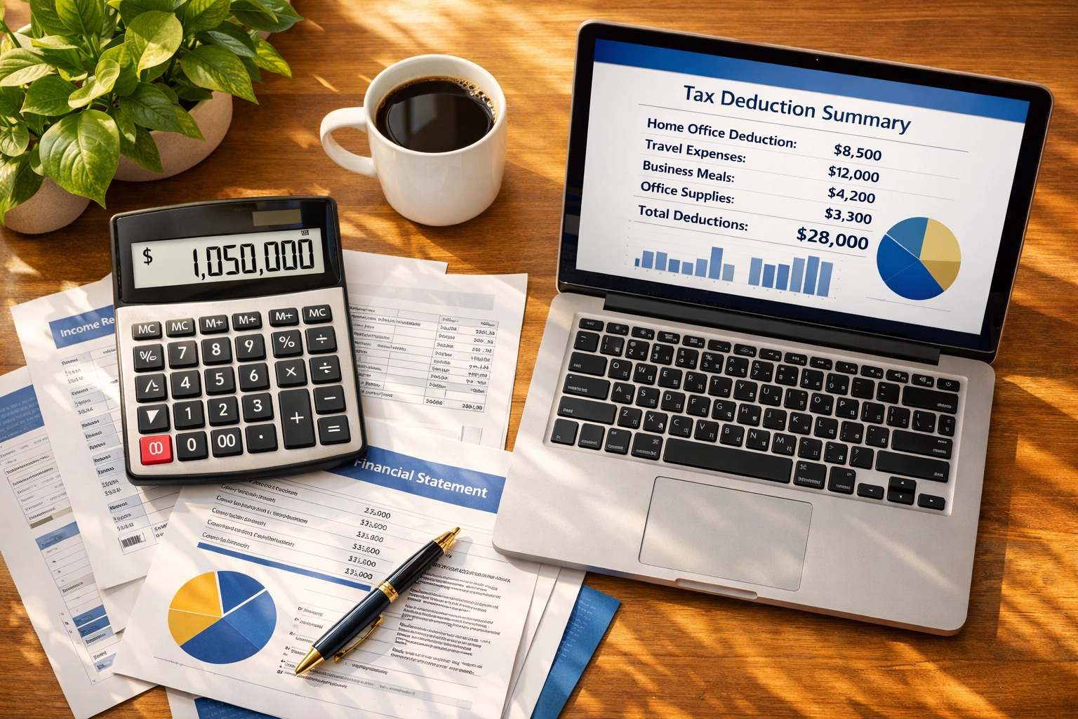 Business desk showing $1,050,000 annual savings calculation with Larecoin tax deductions