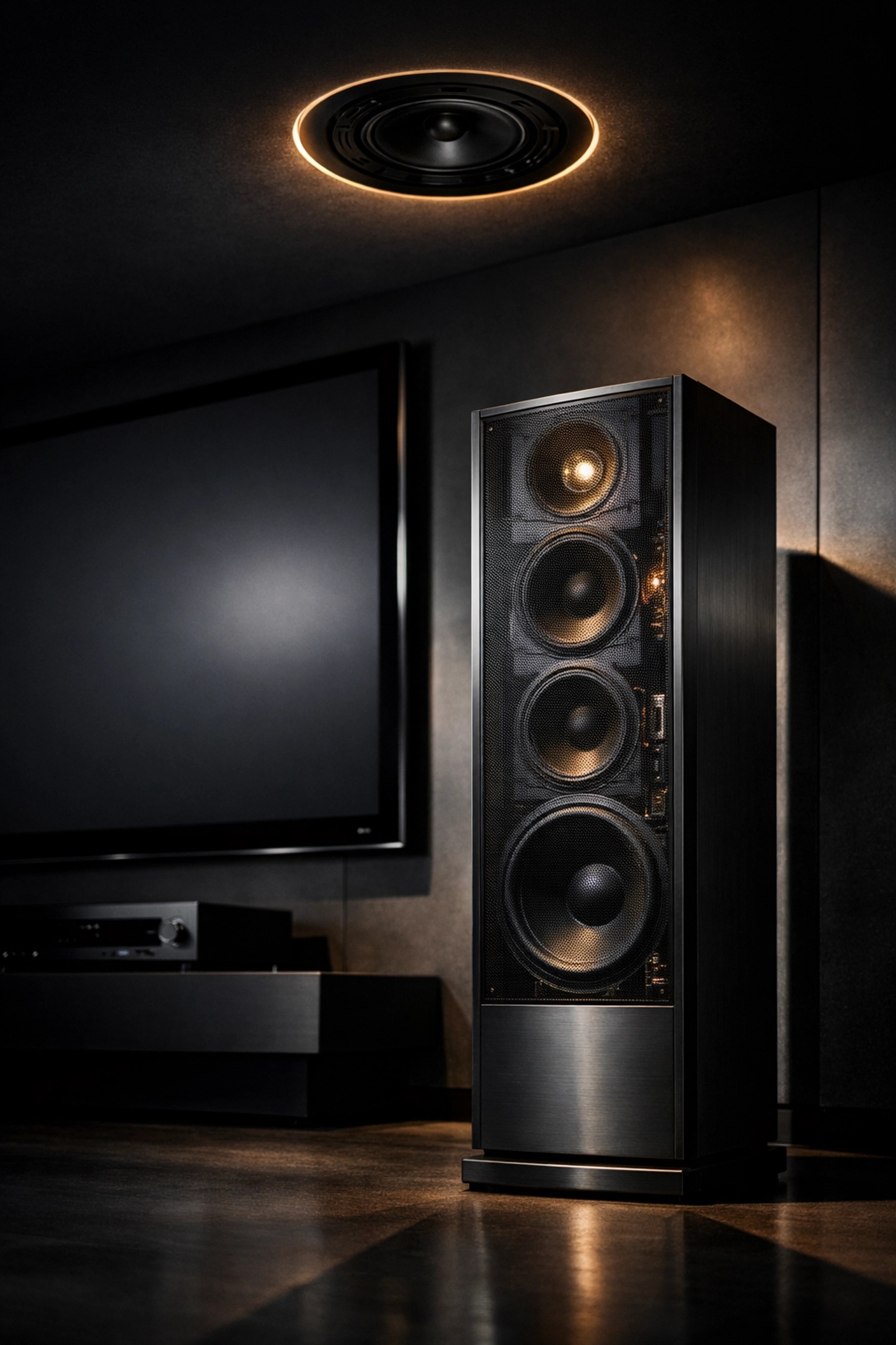 Professional home theater audio system featuring floor-standing and architectural ceiling speakers.