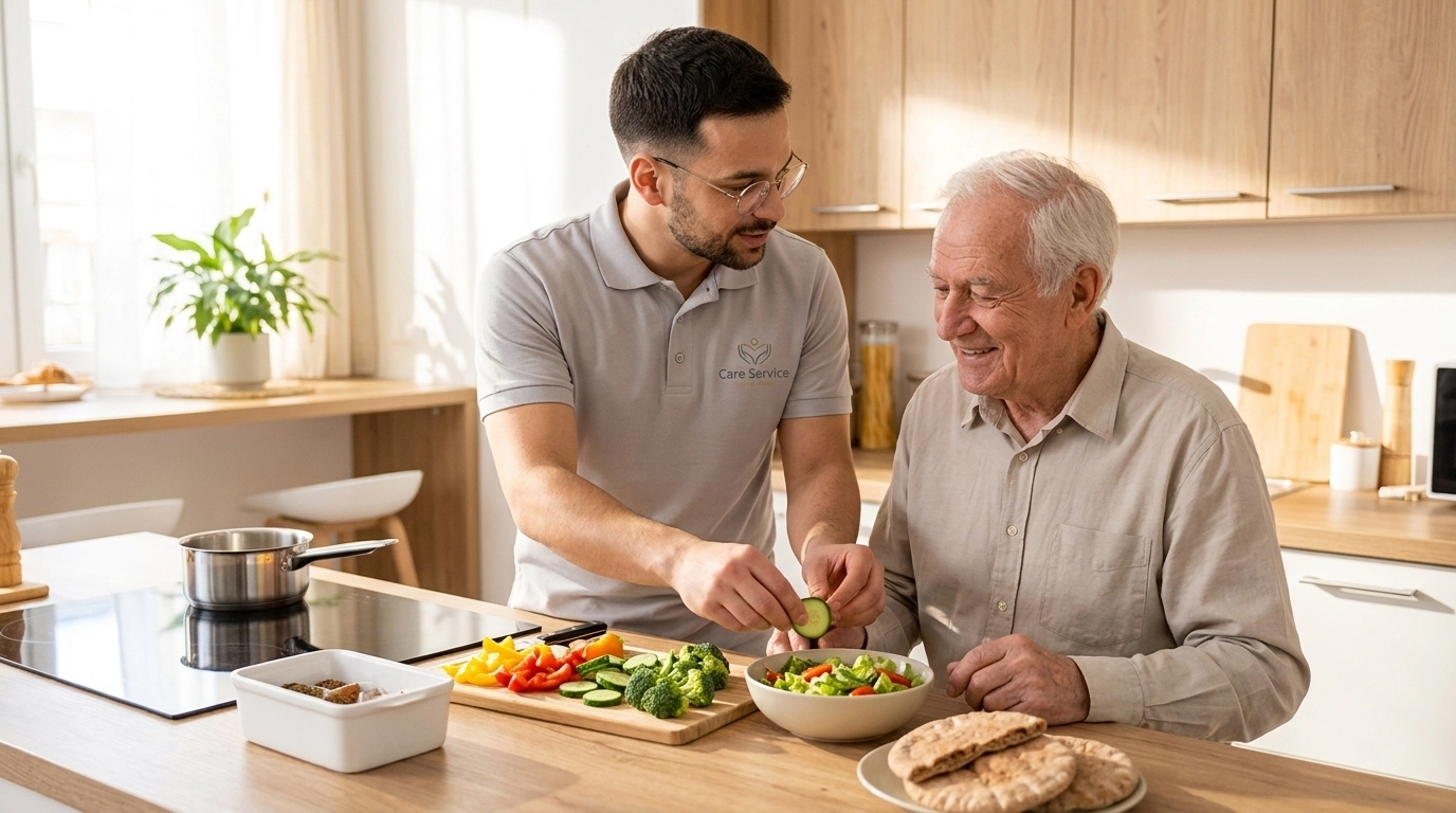 A professional caregiver assisting an elderly man with meal preparation in a modern kitchen