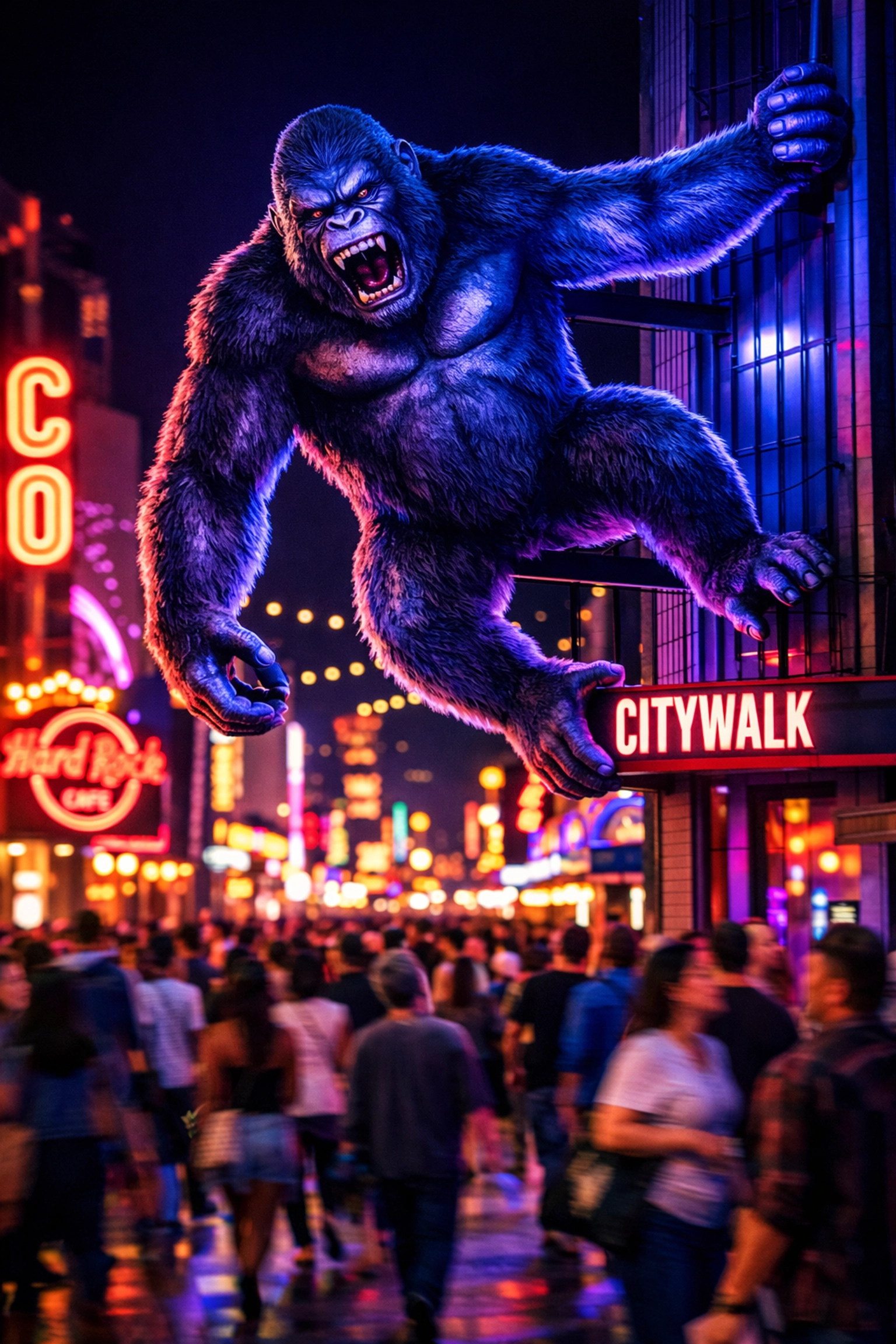 King Kong illuminated by blue neon lights at CityWalk Hollywood, one of the best photography locations at night.