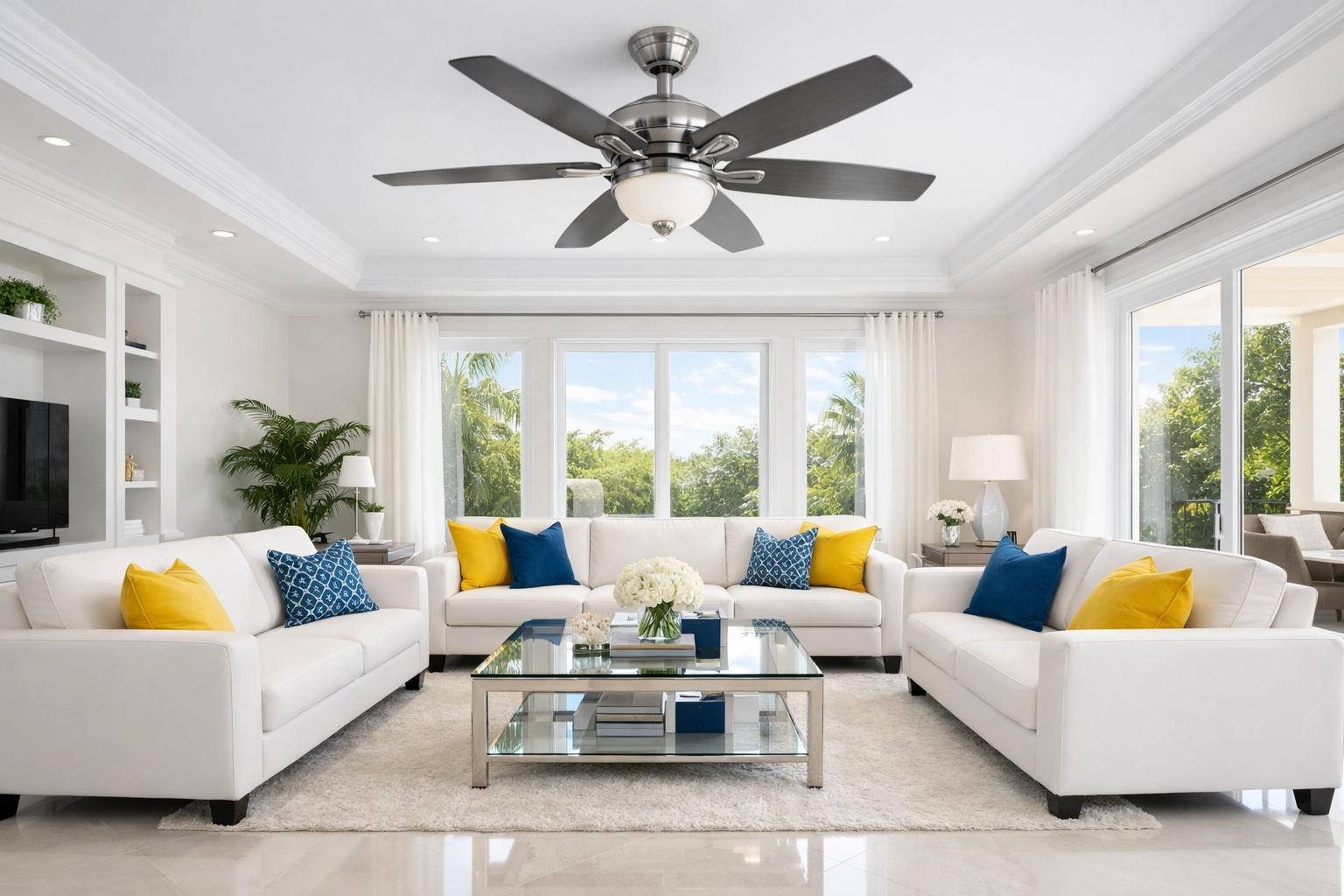 A bright, pristine living room featuring a dust-free ceiling fan and perfectly clean surfaces.