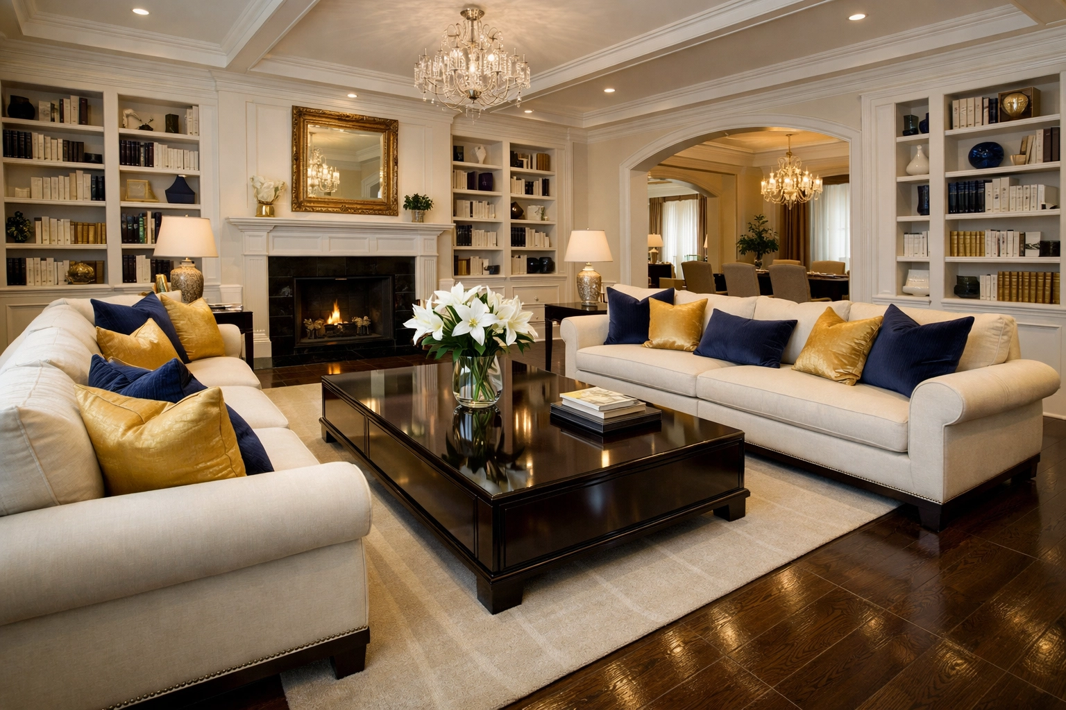 Spotless and organized luxury living room after a professional residential cleaning Massachusetts service.