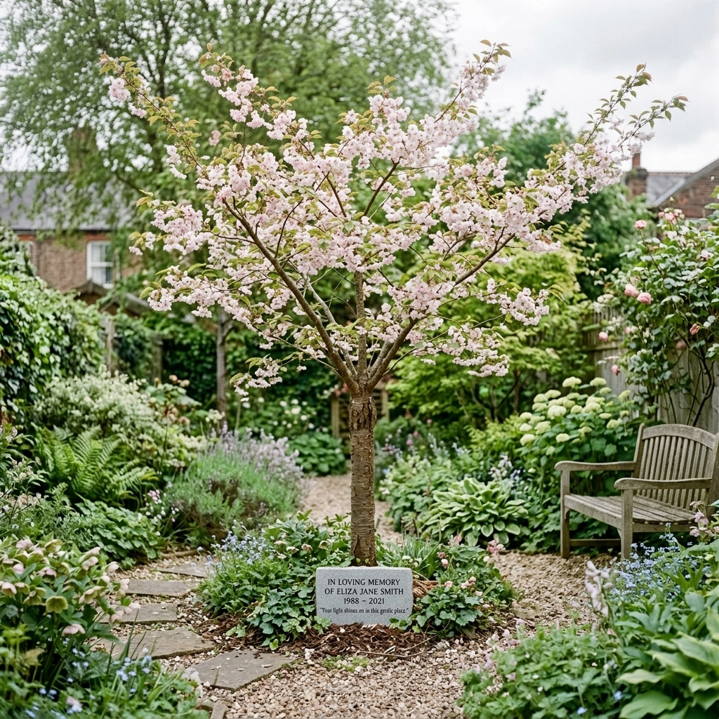 A peaceful memorial garden with a young blossoming tree and a small, engraved stone plaque.
