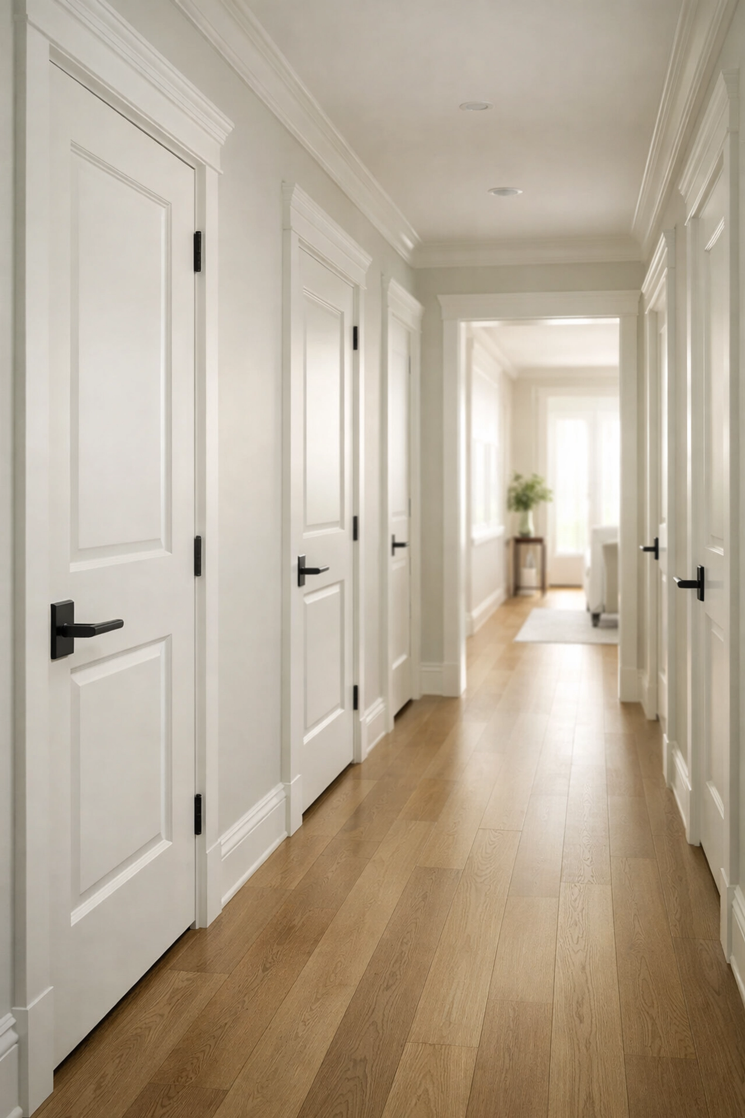 Matching solid-core interior doors with recessed panels in a modern New Jersey home hallway.