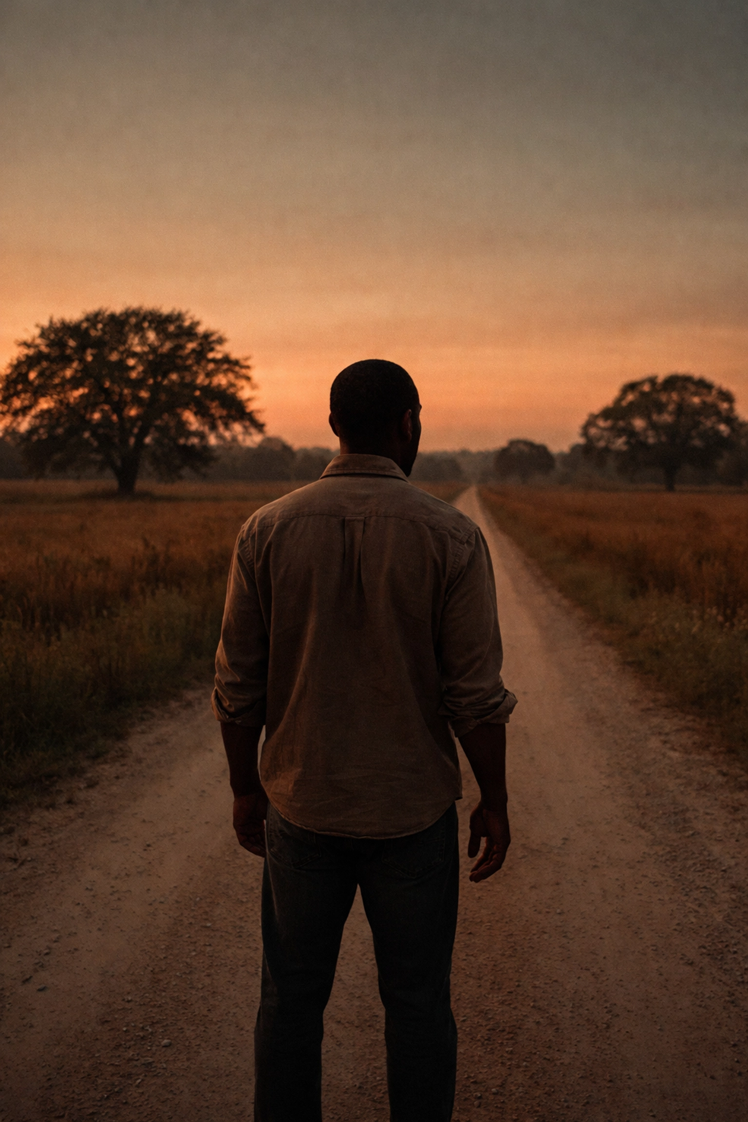 Black man facing horizon at dusk on rural road, symbolizing reflection, isolation, and the burden of relationship difficulties on well-being.
