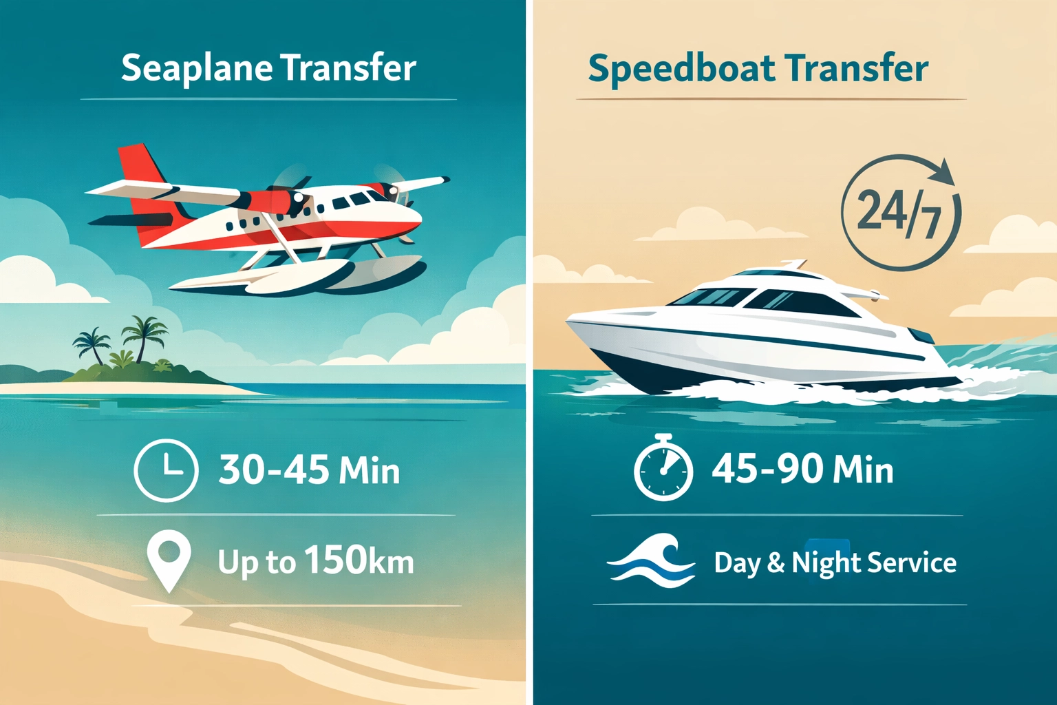 Comparison infographic of seaplane and speedboat transfers for Maldives luxury resorts.