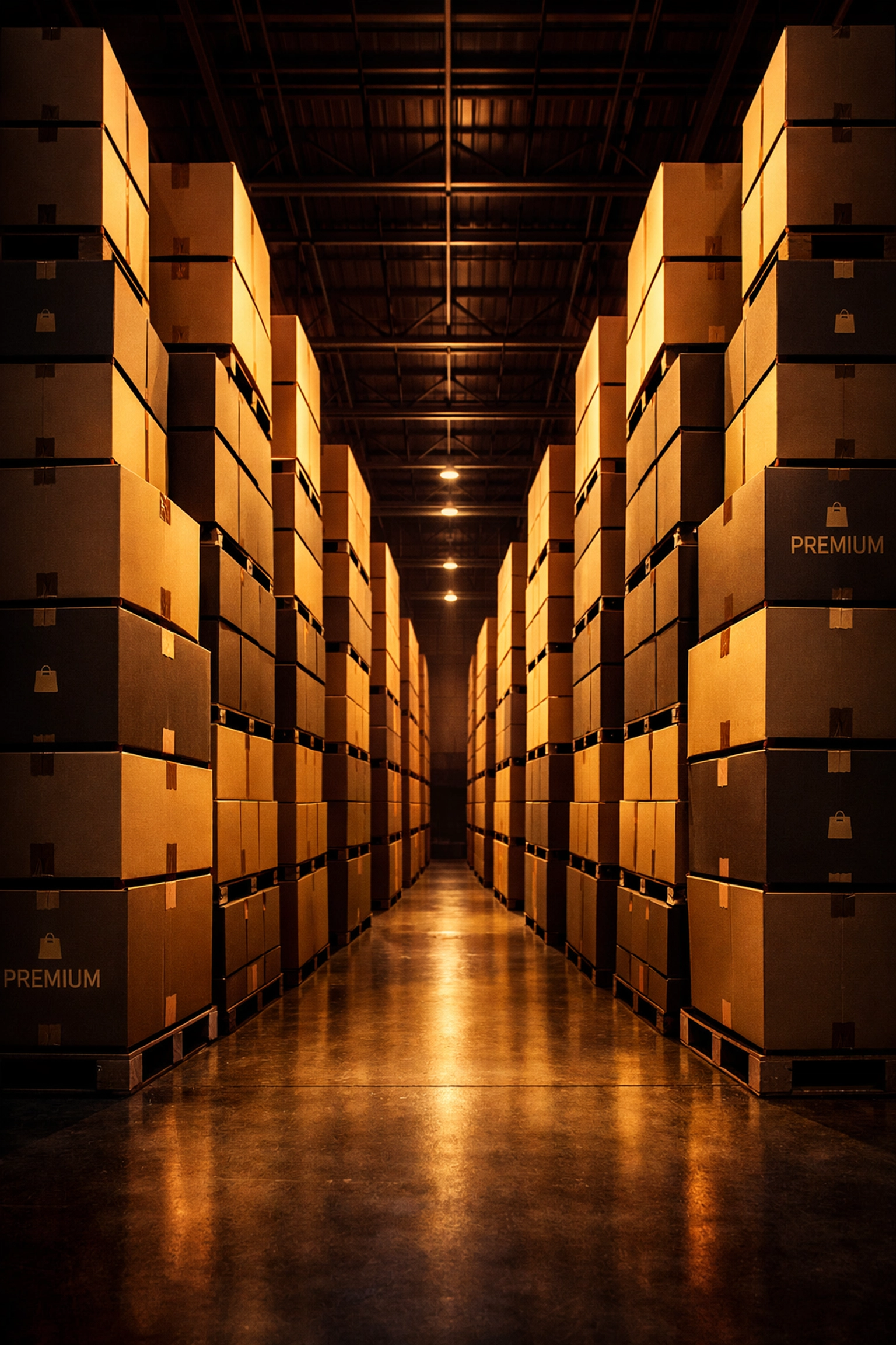 Symmetrical stacks of ecommerce boxes in a secure contract warehousing facility for high-volume SKU management.