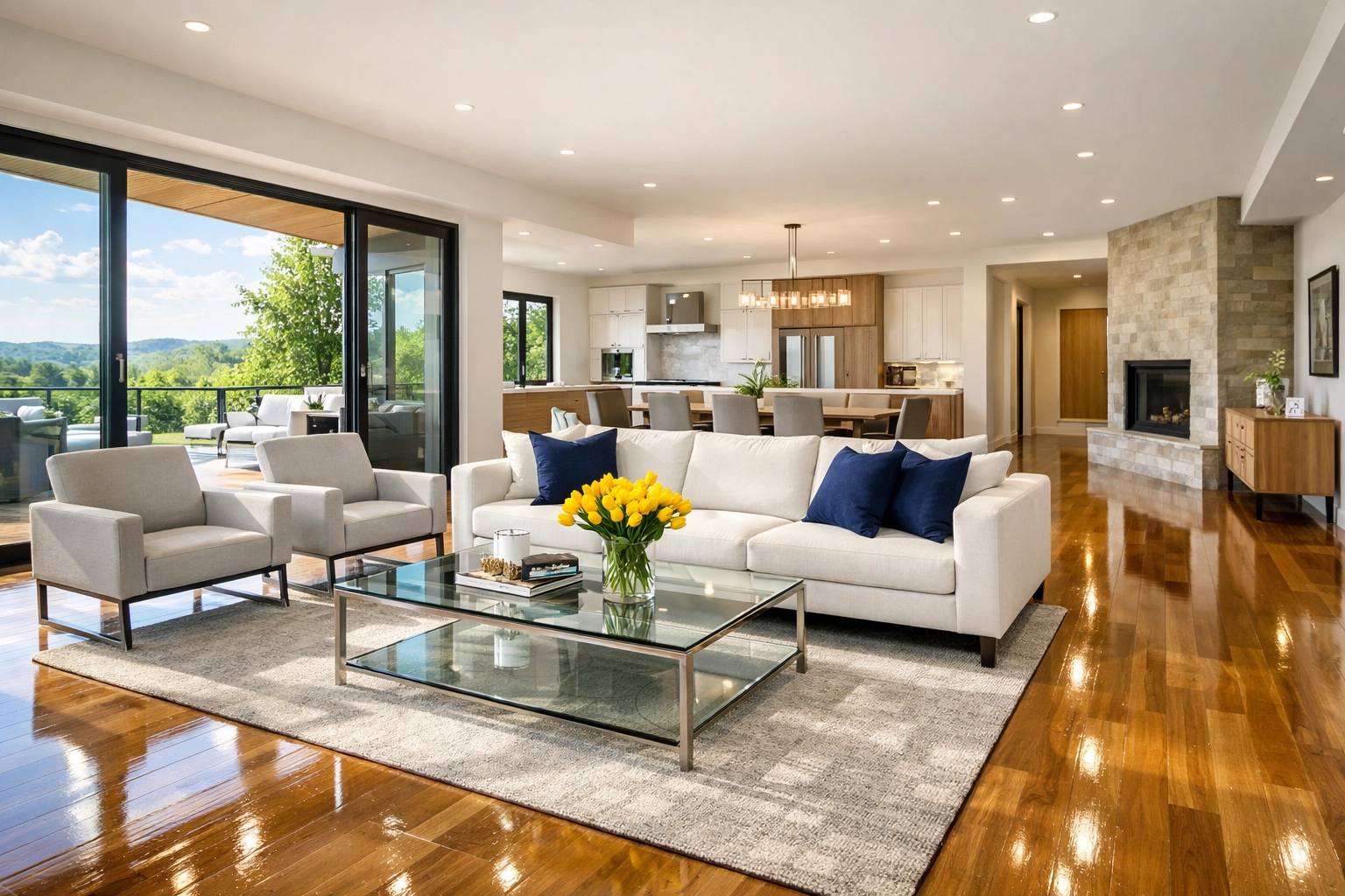 A spotless, move-in ready living room after a thorough post construction cleaning in Hudson.