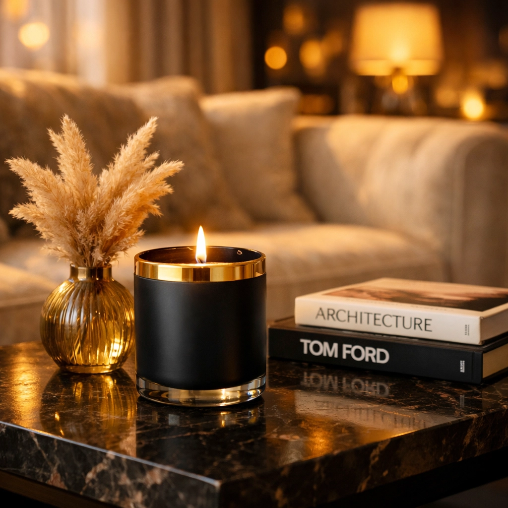 The Ultimate Guide to Shopping Black-Owned: Everything You Need to Know to Make an Impact Luxury matte black candle on a marble coffee table representing high-end Black-owned home decor.