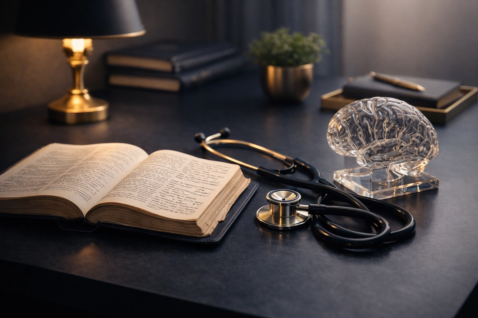 Serene, professional Holy Psych photography in slate, navy, and gold: a clean minimalist counseling setting with subtle gold accents and a calm, restorative atmosphere.
