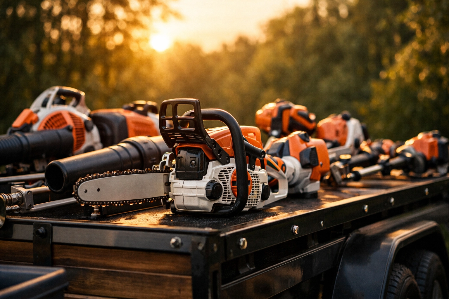 New professional landscaping equipment on a trailer funded by a business line of credit.