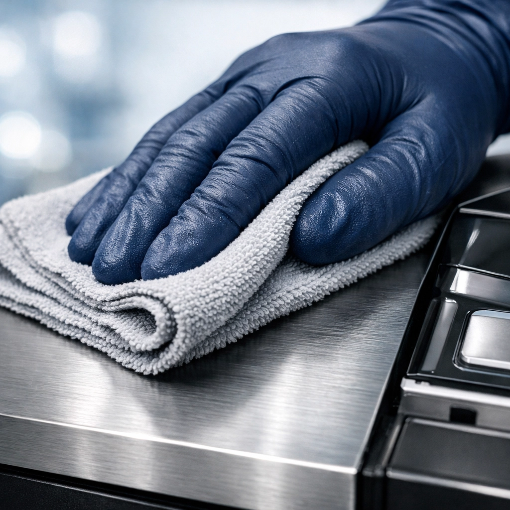 Detailed office deep cleaning showing a professional sanitizing high-touch surfaces and electronic equipment.