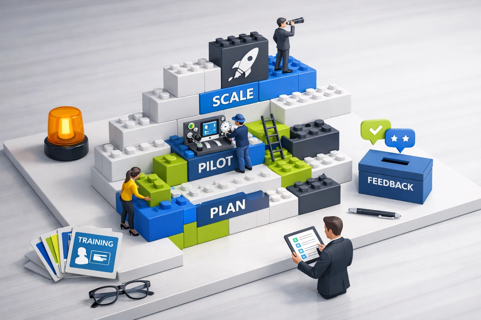 Phased modular change management strategy illustration showing the progression from planning to scaling.
