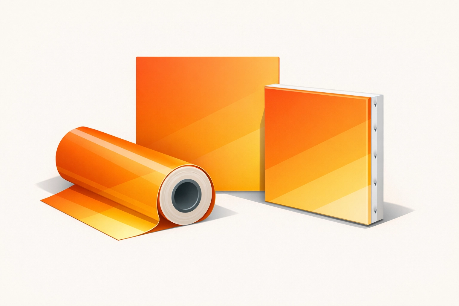 Professional illustration of large format print substrates including vinyl rolls and rigid boards.