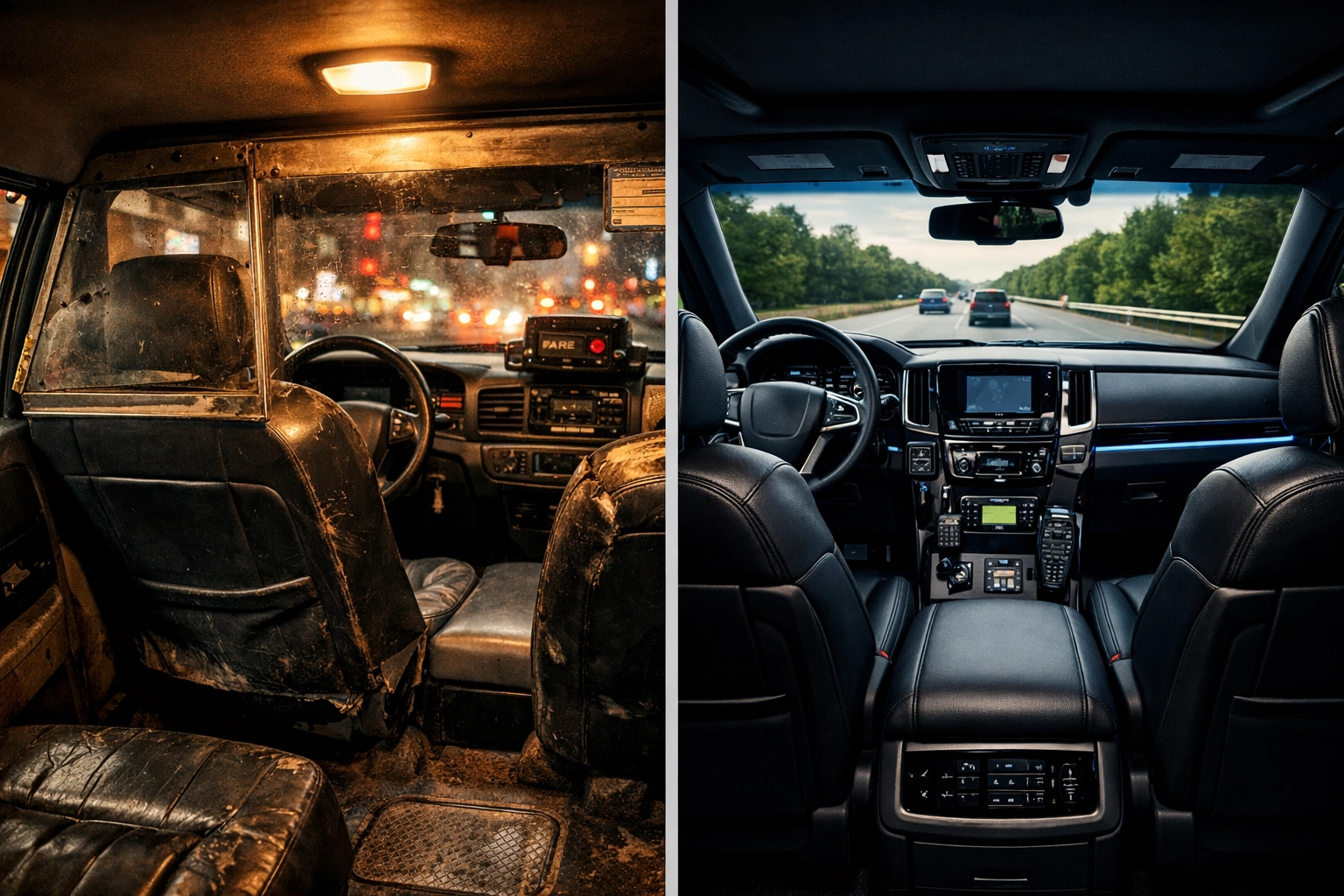 Comparison of worn taxi interior vs luxury security vehicle in Medellin