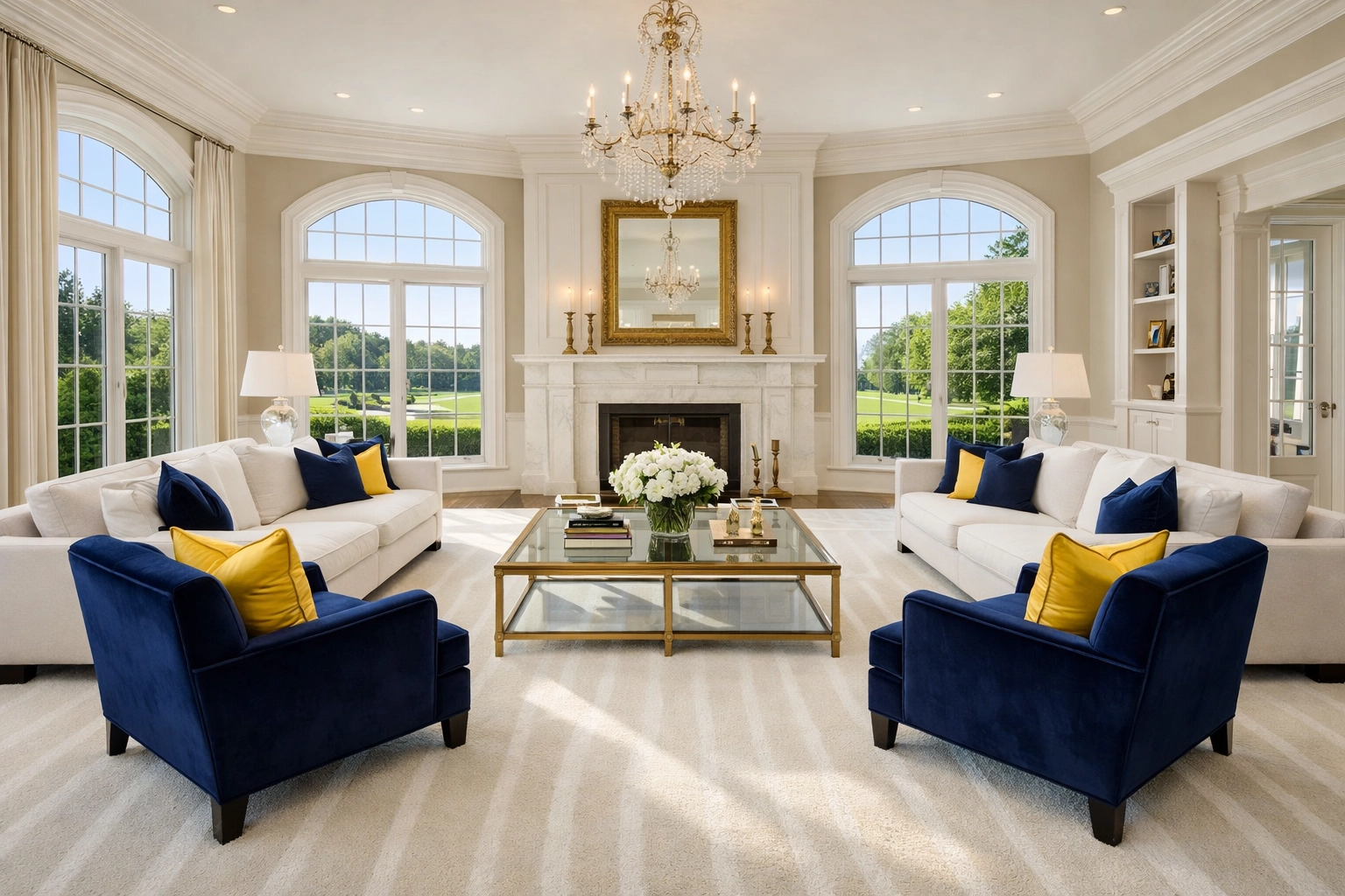 A grand Massachusetts estate living room with vacuumed rugs from expert residential cleaning Massachusetts.