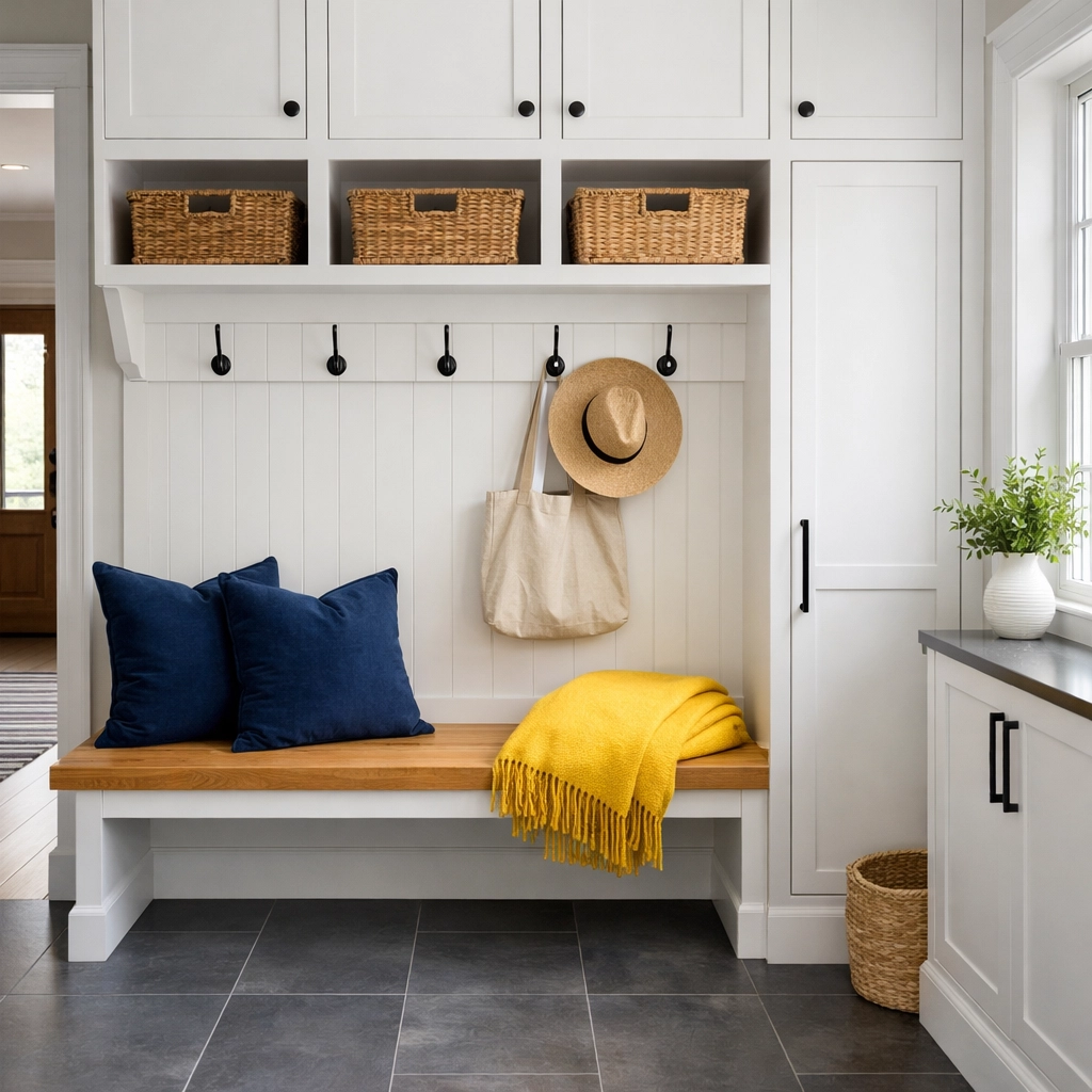 Organized and clutter-free modern mudroom in a Lunenburg home prepared for holiday guests.