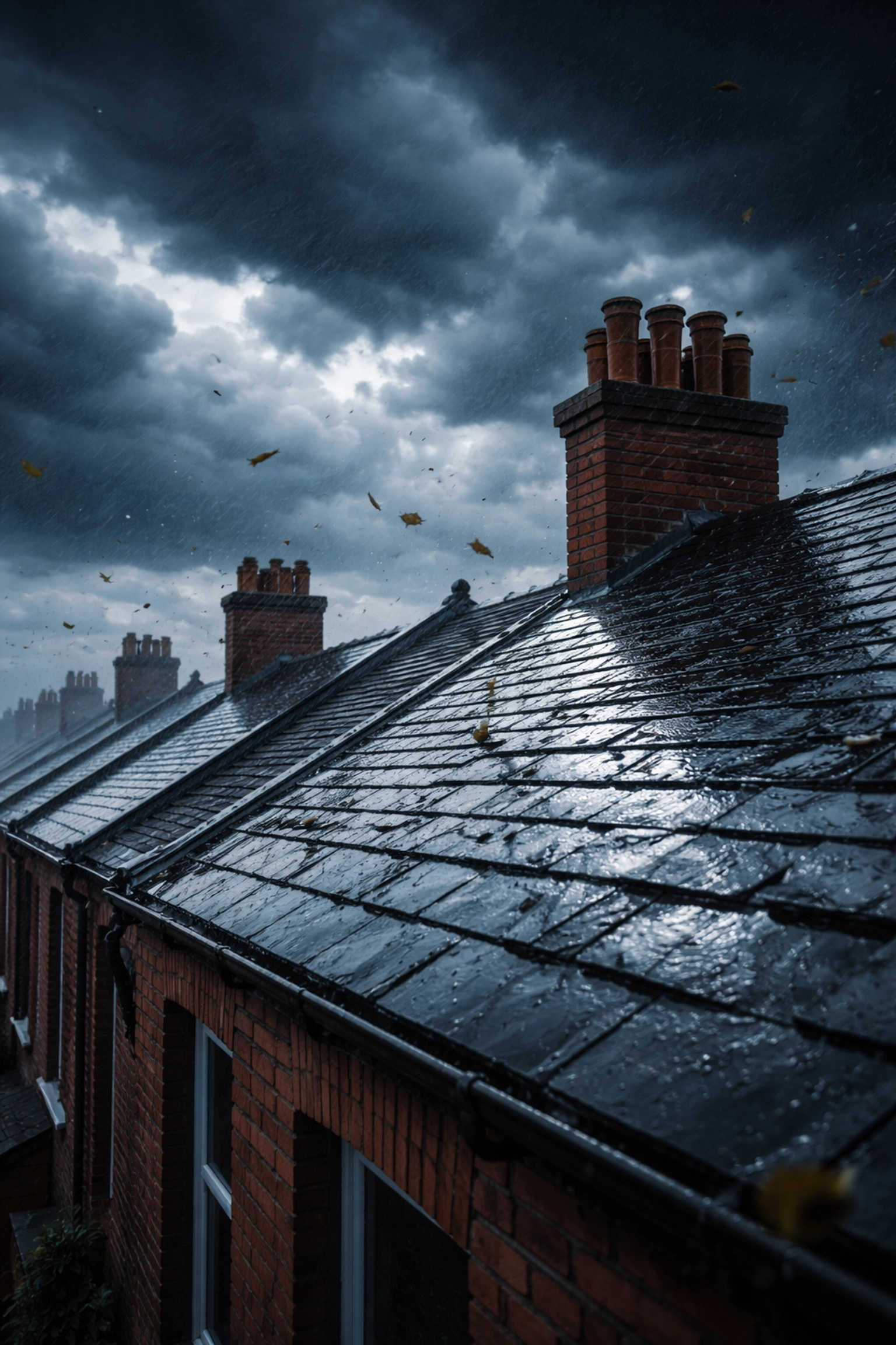 Belfast house roof with storm clouds and heavy rain, illustrating wind resistance challenges.