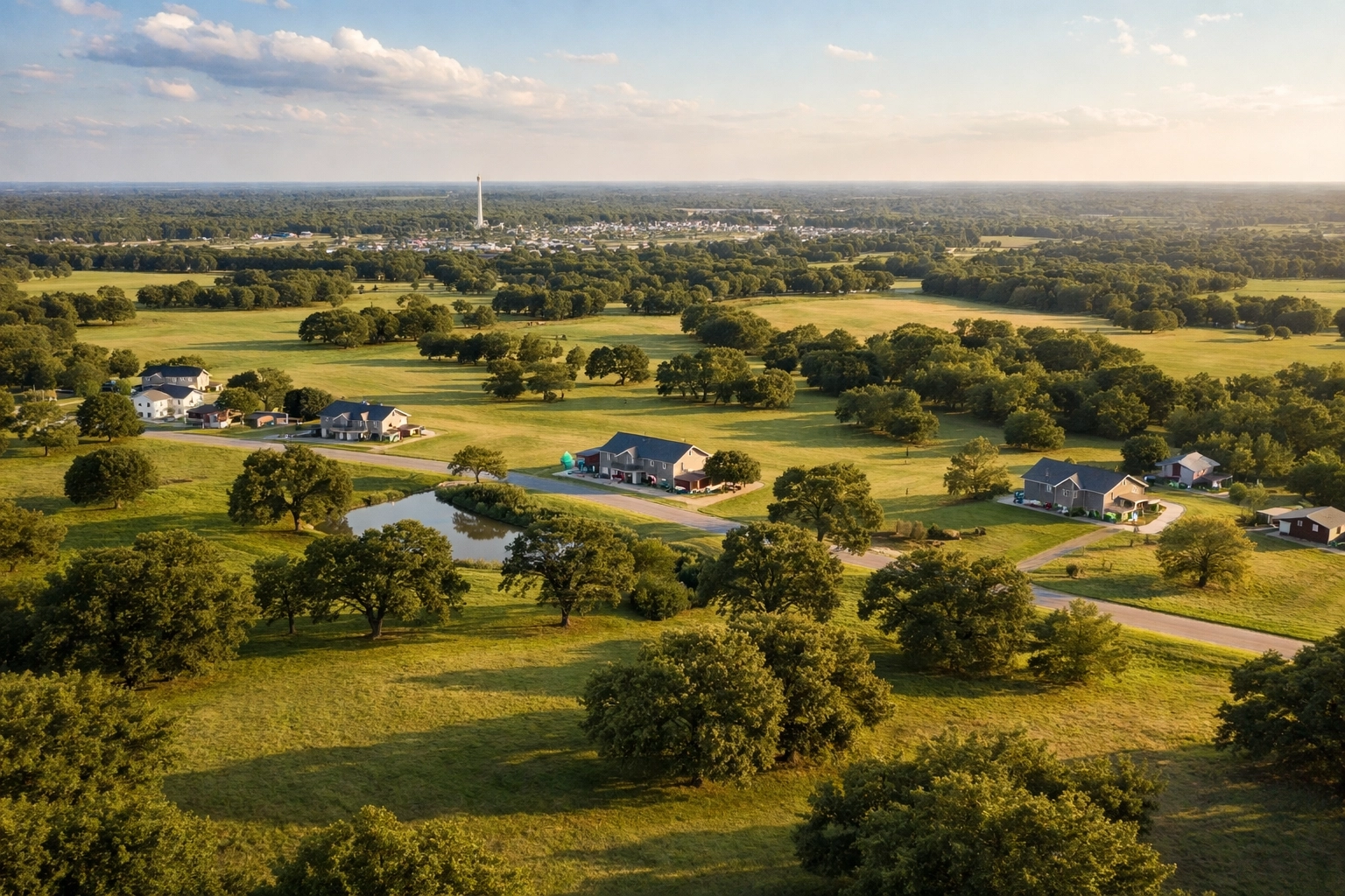 Scenic aerial view of Kaufman County Texas countryside with affordable homes and green fields