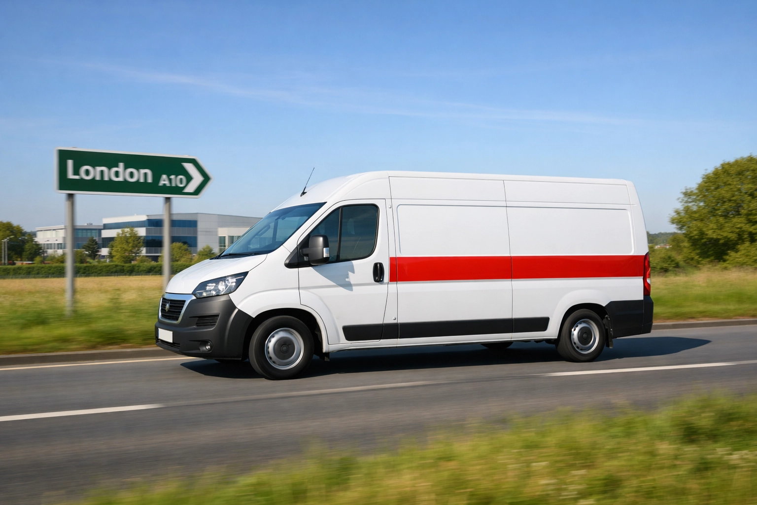 A professional delivery van driving near Hertford, providing quick access to London and major transport routes.