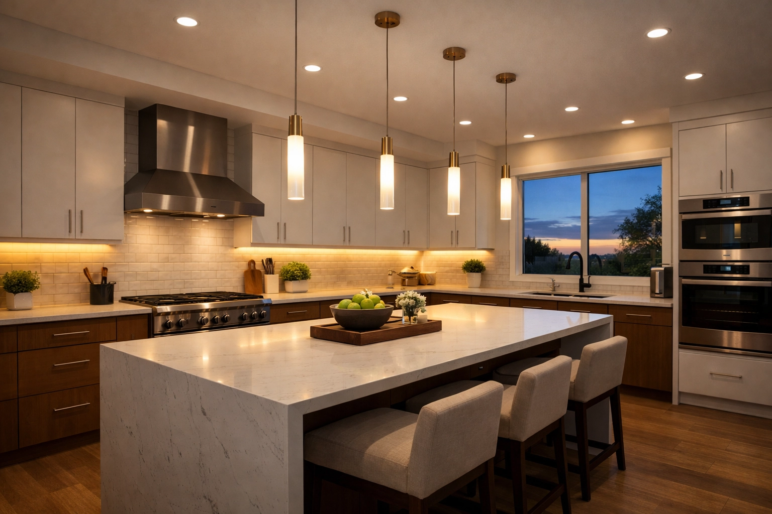 Modern smart lighting design in a luxury Gilbert kitchen with LED under-cabinet strips and pendants.
