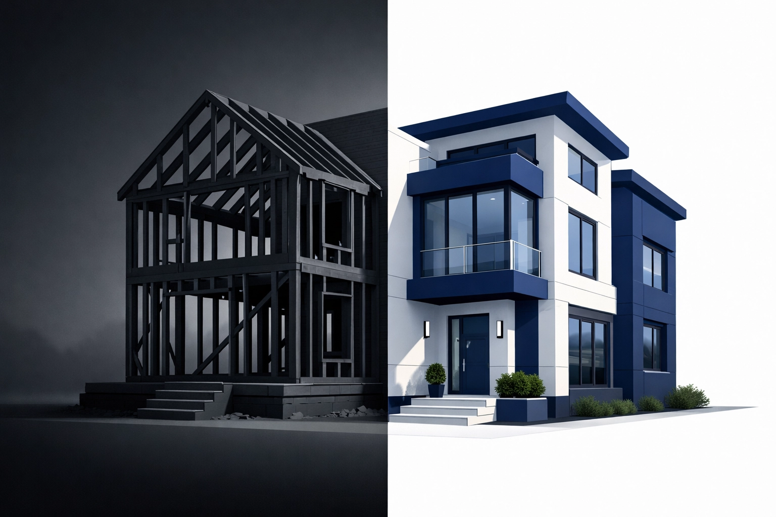 Comparing a stalled construction site to a finished, ready-to-income SMSF investment property.