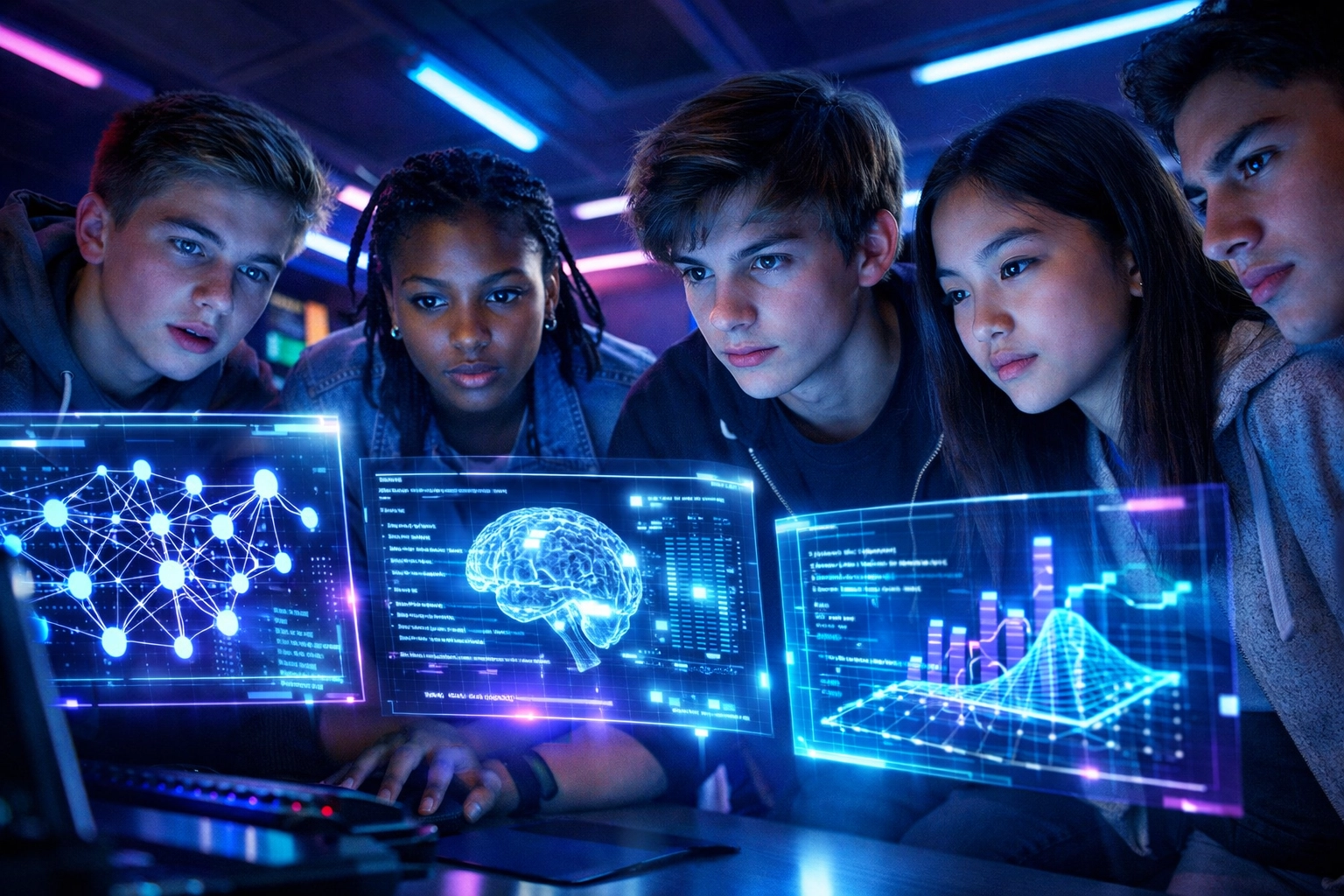 Gen Alpha students using AI technology and holographic interfaces in modern high school computer lab