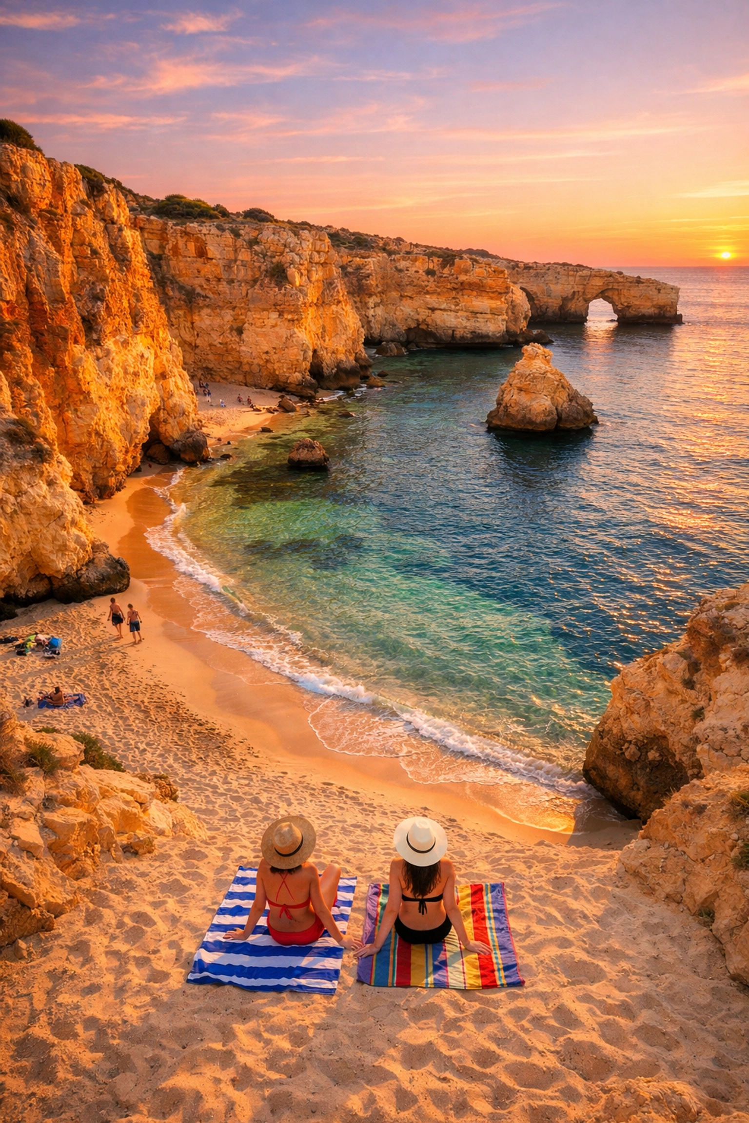 Lesbian couple relaxing on scenic Algarve beach in Portugal at sunset