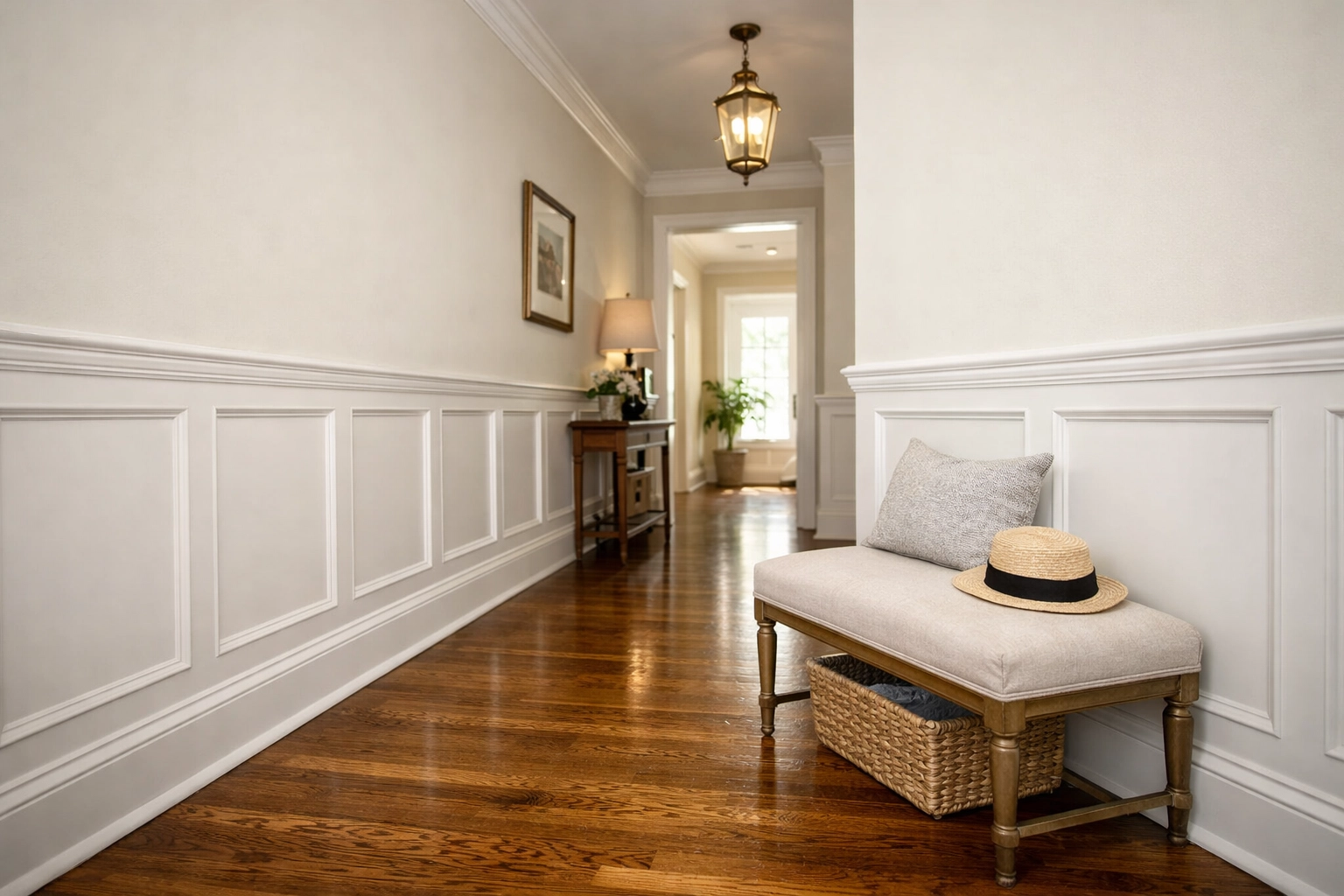 Elegant hallway featuring classic recessed-panel wainscoting and chair rail millwork for a luxury finish.