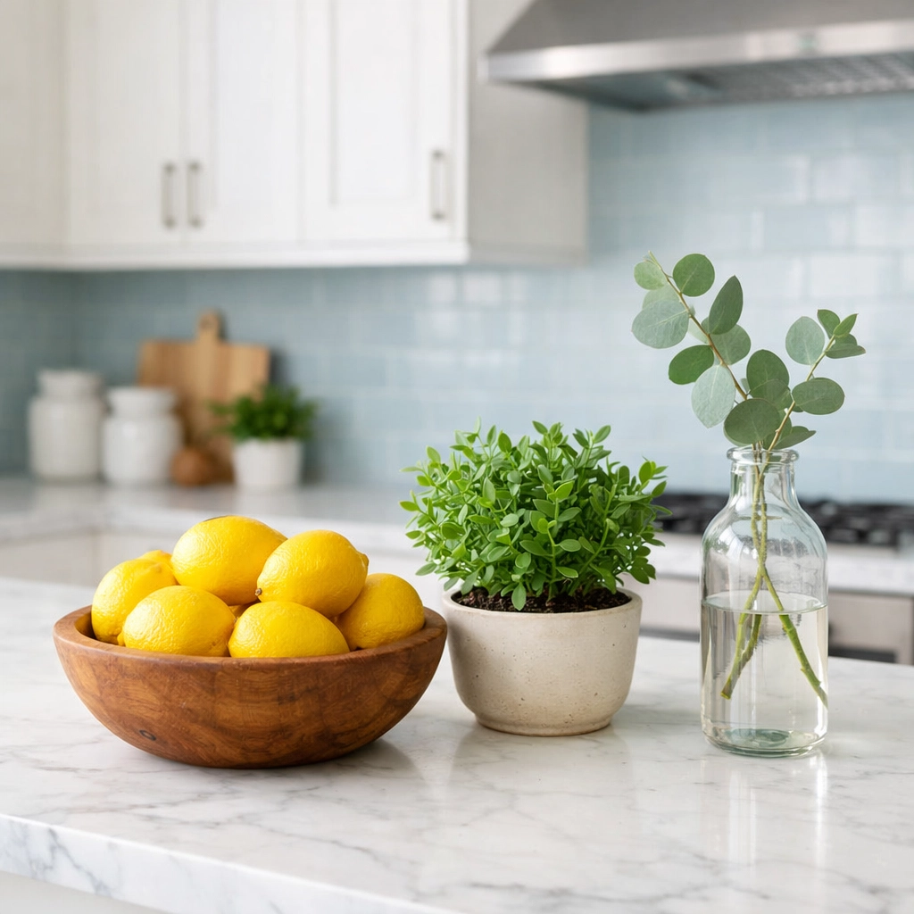 Eco-friendly kitchen cleaning in a Lynnfield home featuring a spotless marble countertop and island.