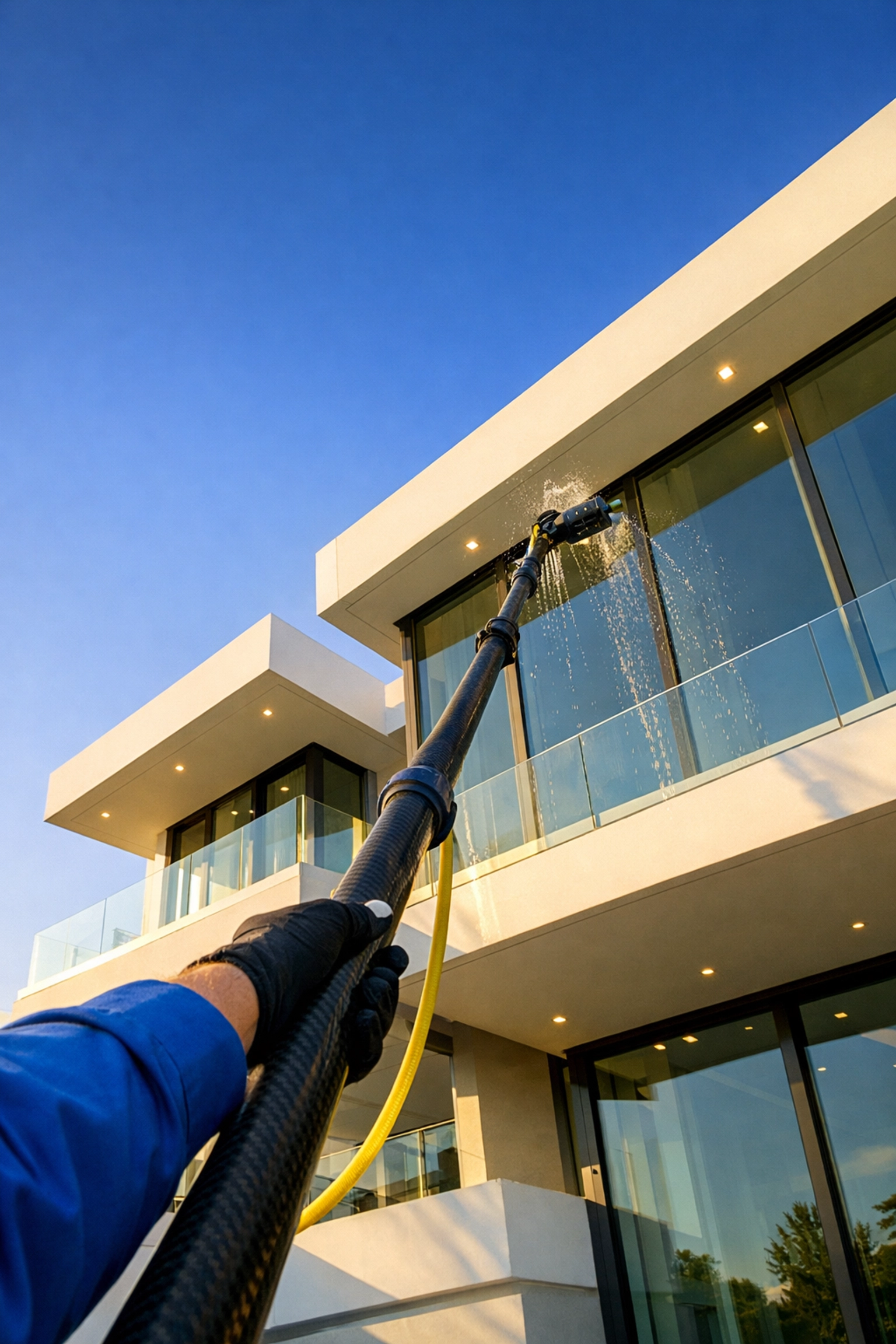 Professional water-fed pole system cleaning high exterior windows on a modern multi-story house.