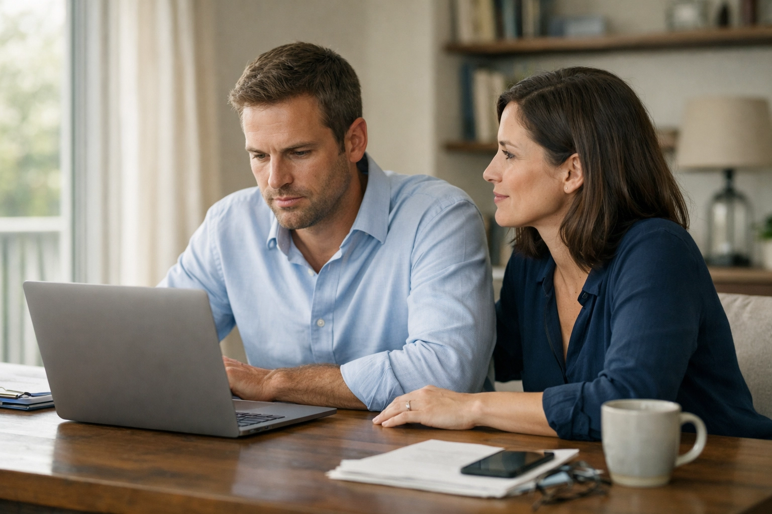 Running a business with your spouse: an entrepreneurial couple sitting at a desk, reflecting on a business decision in their home office.