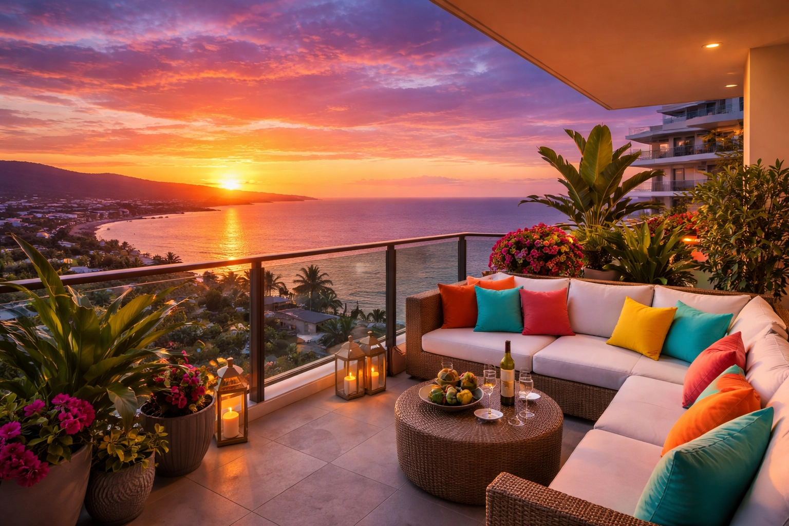 Modern condo terrace in Puerto Vallarta at sunset with wine, ocean views, and lush tropical plants.