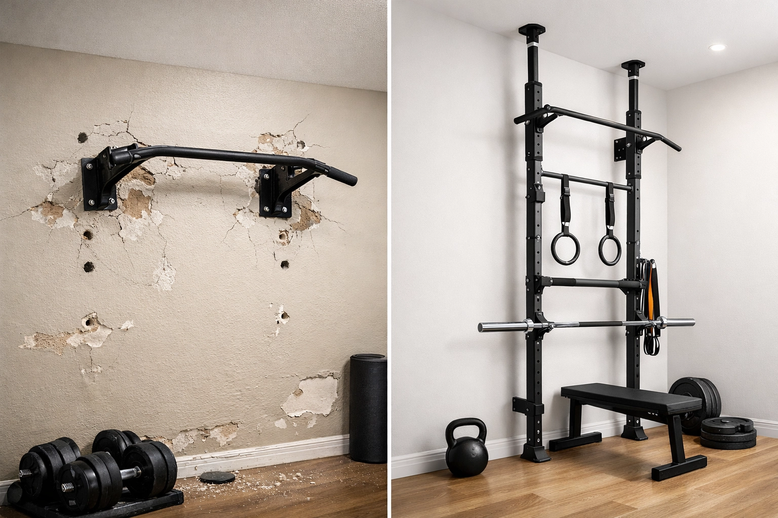 Comparison of wall damage from mounted pull-up bar versus no-damage floor to ceiling gym system