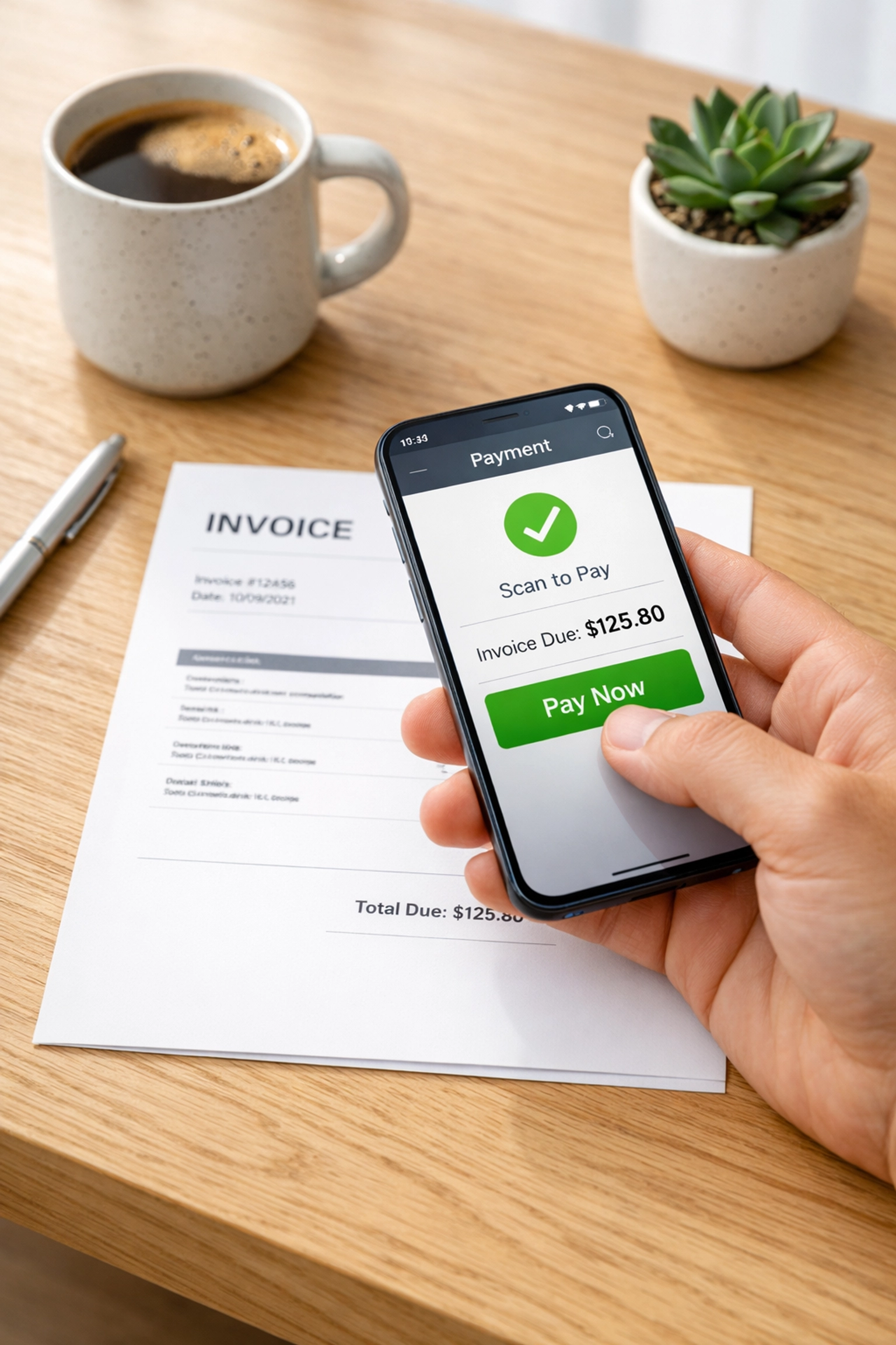 Small business owner using a smartphone to scan a paper invoice into QuickBooks for automated data entry.