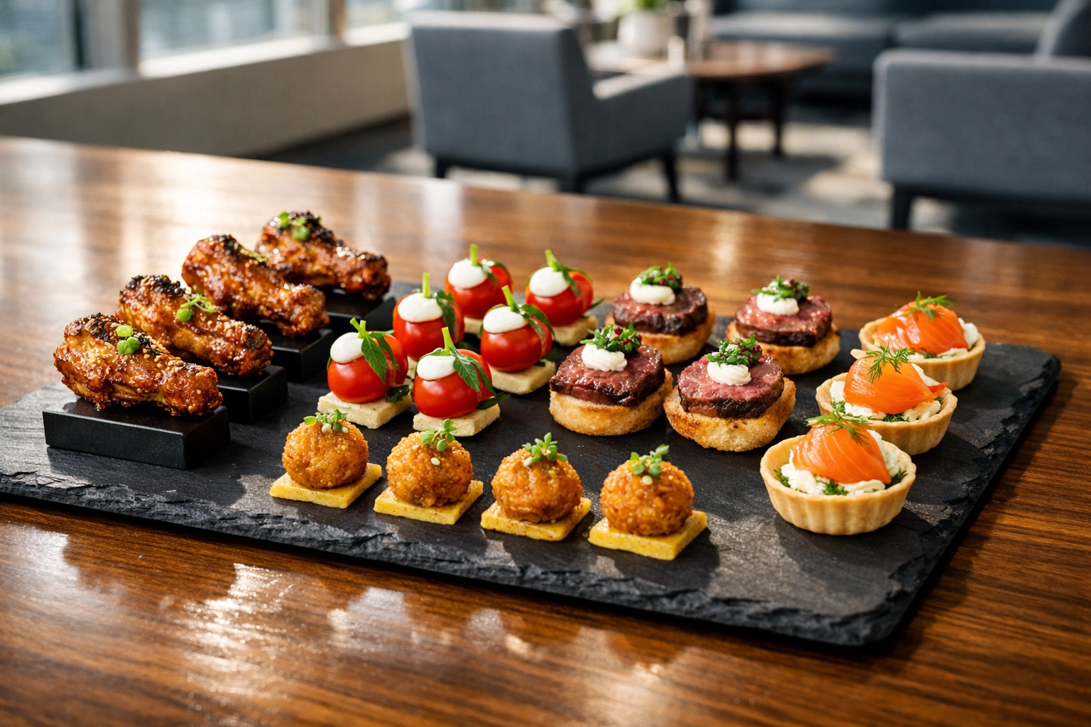 Gourmet appetizers on a platter representing bite-sized business content and digestible marketing strategies.