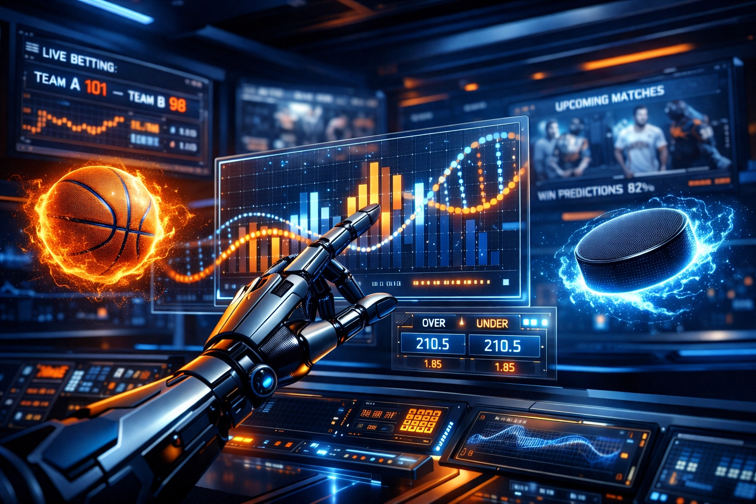 AI sports betting command center showing predictive analytics for NBA and NHL handicapping.
