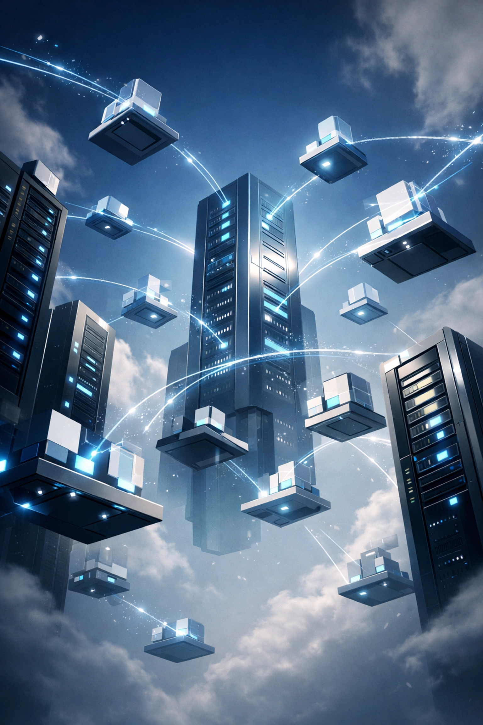 Cloud infrastructure visualization showing connected servers and data transfer for cloud migration