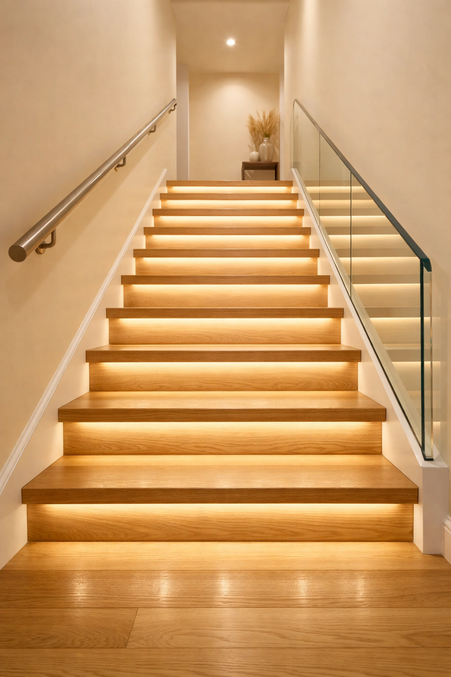 LED motion-sensor lights on stair treads provide uniform illumination to prevent trips and falls at night.
