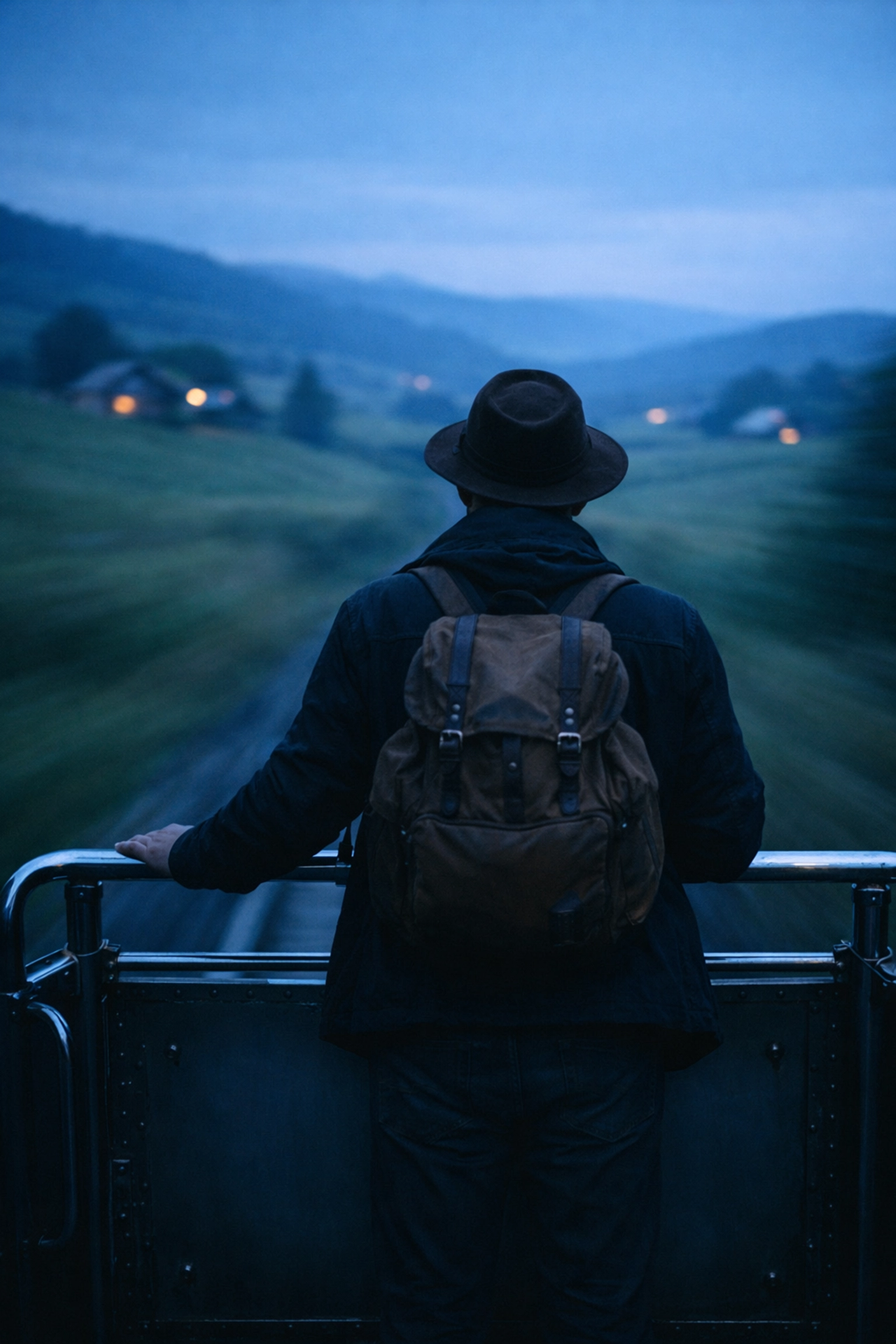 Traveler on a train at dusk, illustrating the emotional journey of storytelling travel photography.