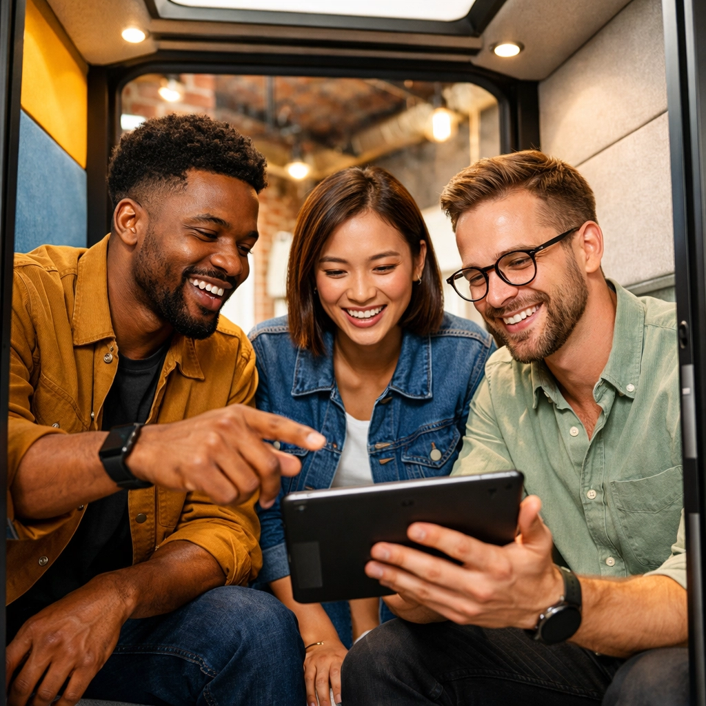 Diverse young professionals collaborating on a tablet inside a modern innovation pod workstation.