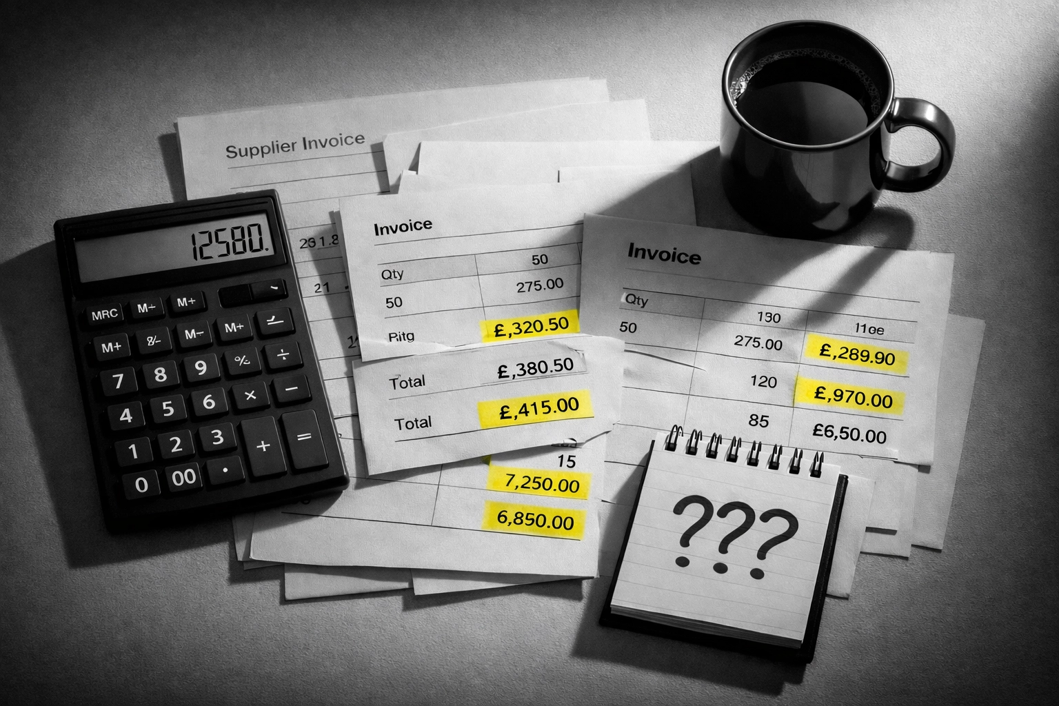 Construction supplier invoices on desk with calculator highlighting pricing discrepancies